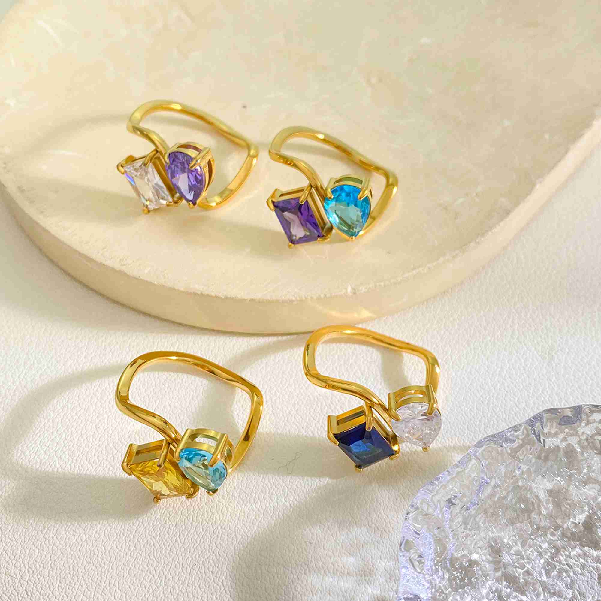 Stainless Steel Gold Plated Ring Geometric Open Cuff Ring with Colorful Crystal Zircon Fashion Statement Rings for Girls - Image 2