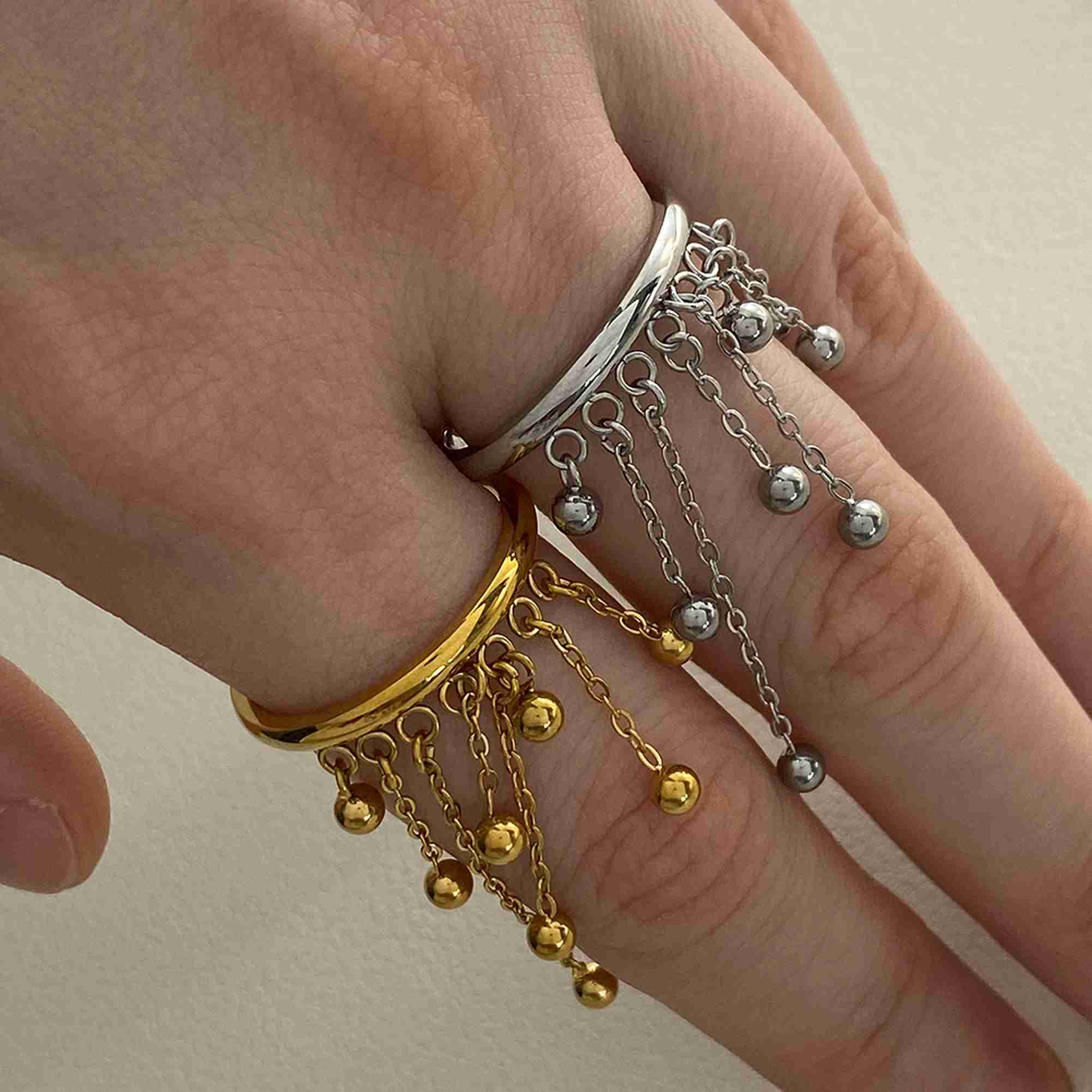 PVD Gold Plated Stainless Steel Fringe Ring Waterproof Non-Tarnish Bead Drop Band Wholesale Jewelry - Image 4