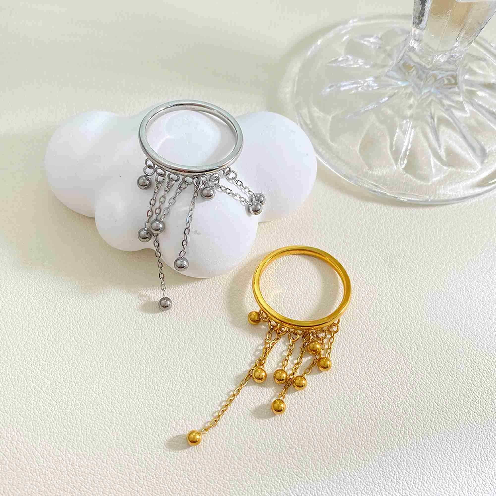 PVD Gold Plated Stainless Steel Fringe Ring Waterproof Non-Tarnish Bead Drop Band Wholesale Jewelry