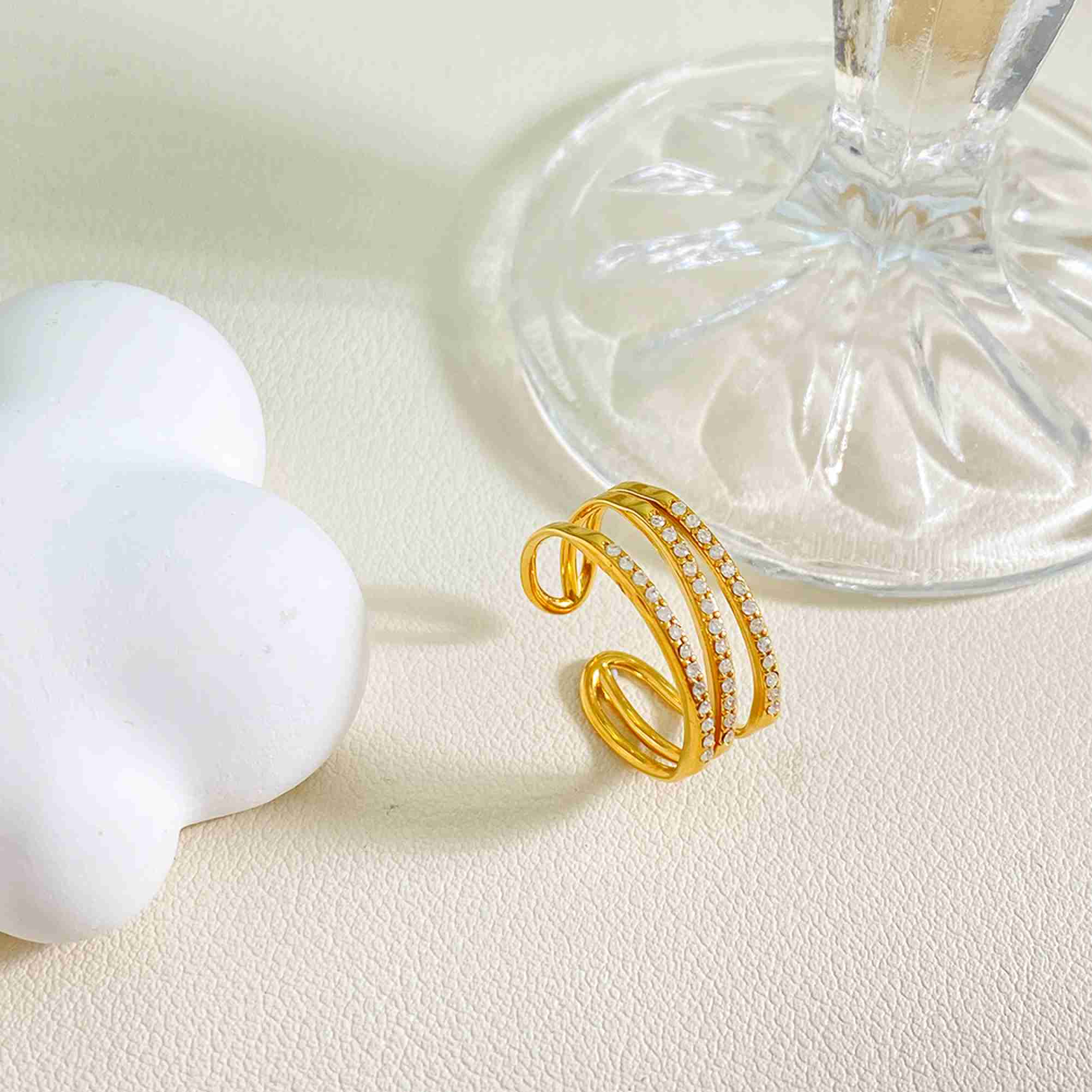 Stainless Steel Gold Triple Coil Adjustable Ring Spiral Open Ring With CZ Tarnish Free Waterproof Wholesale - Image 4