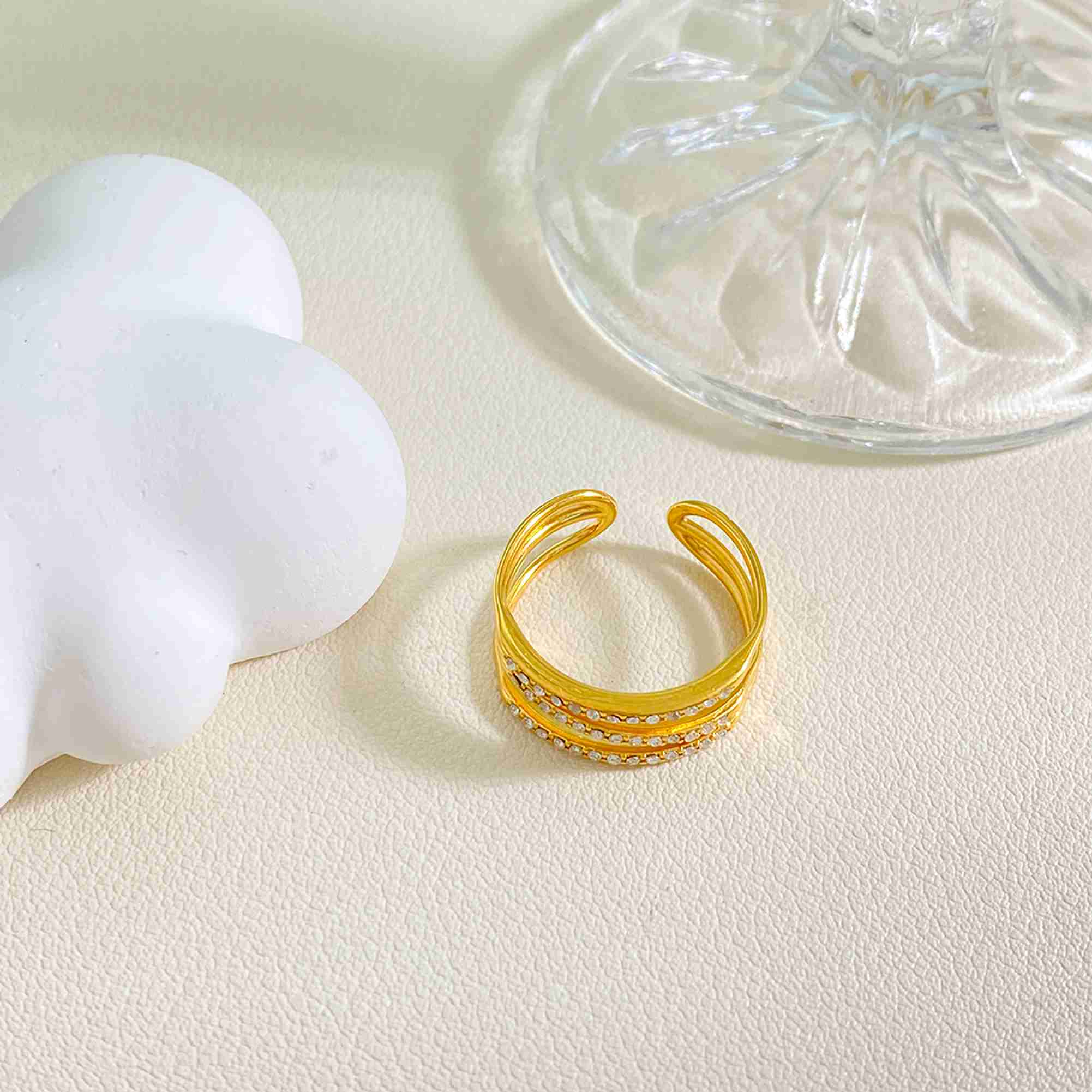 Stainless Steel Gold Triple Coil Adjustable Ring Spiral Open Ring With CZ Tarnish Free Waterproof Wholesale - Image 3