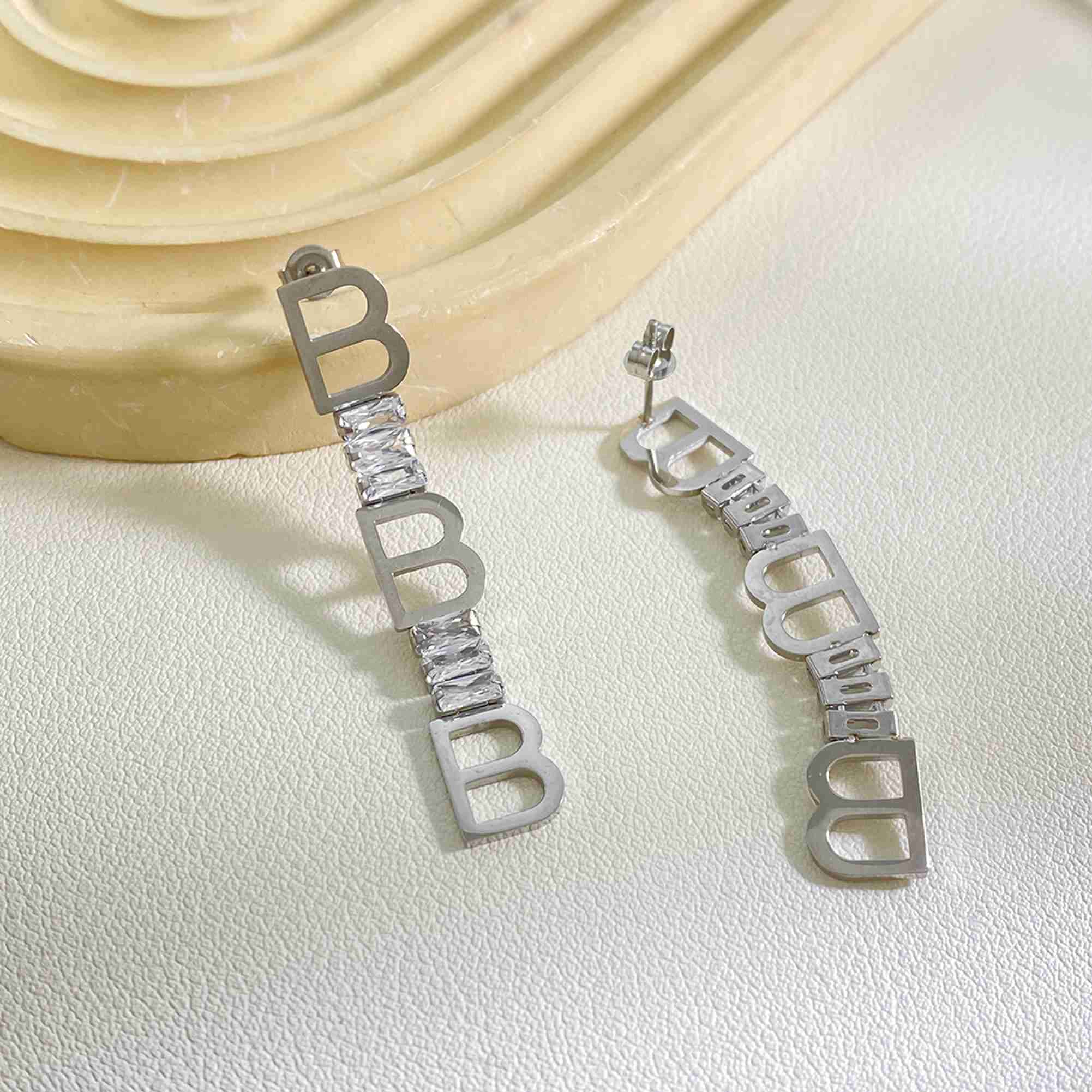 Stainless Steel B Letter Drop Earrings CZ Long Dangle Earrings Tarnish Free Waterproof Wholesale - Image 5