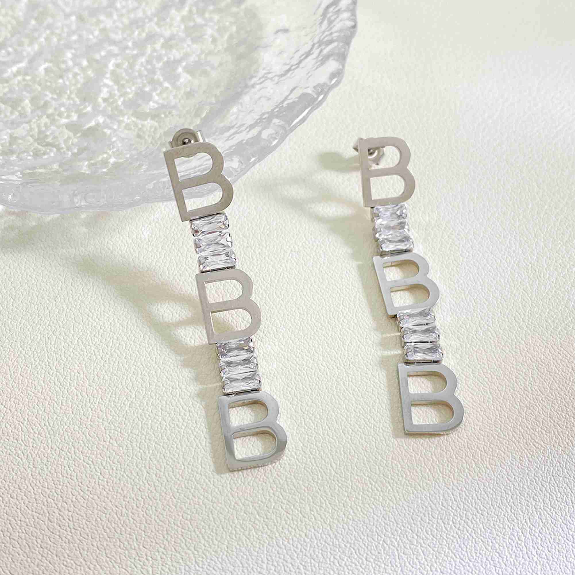 Stainless Steel B Letter Drop Earrings CZ Long Dangle Earrings Tarnish Free Waterproof Wholesale - Image 4
