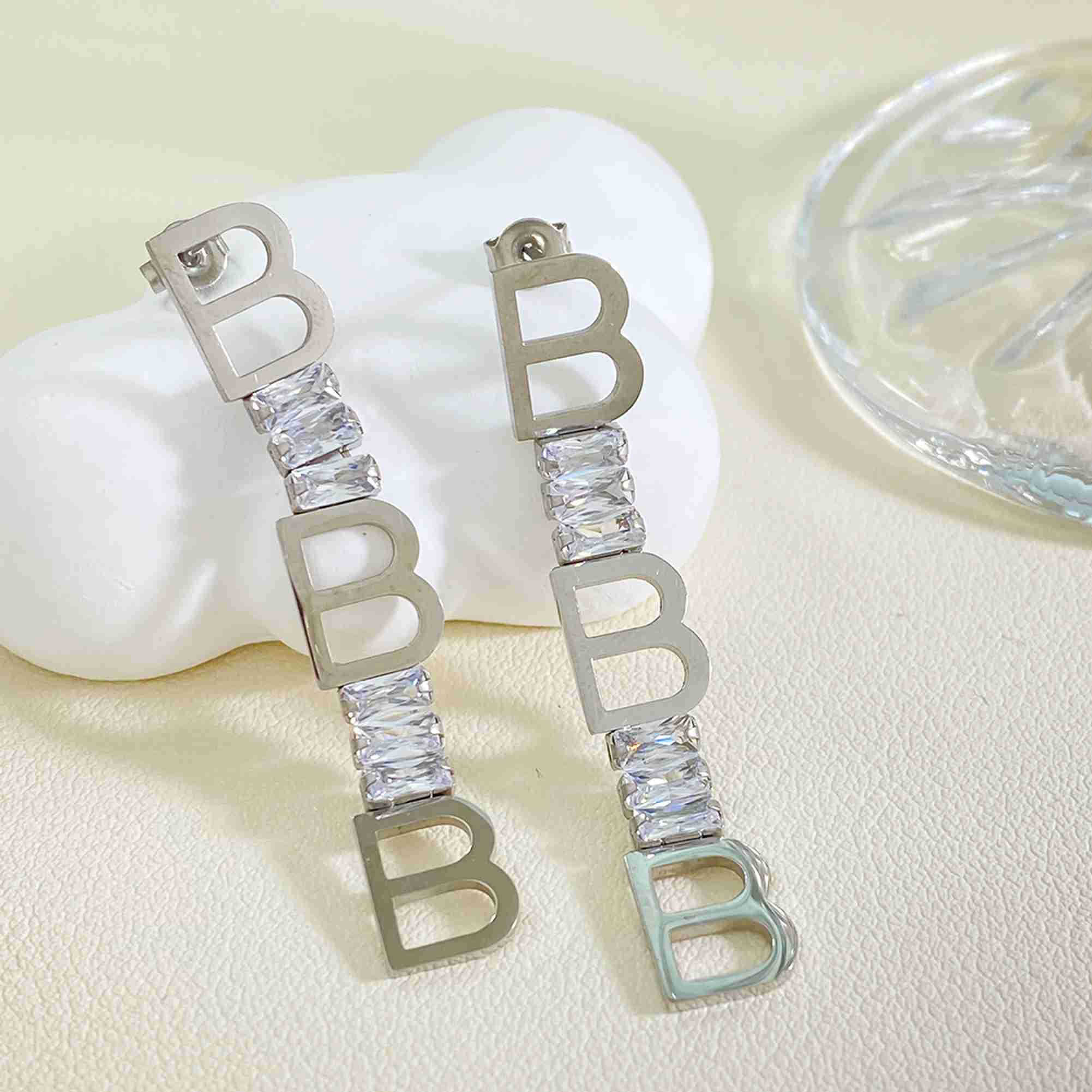 Stainless Steel B Letter Drop Earrings CZ Long Dangle Earrings Tarnish Free Waterproof Wholesale