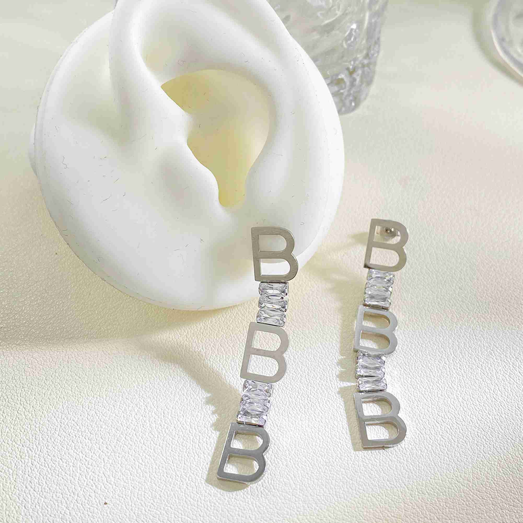 Stainless Steel B Letter Drop Earrings CZ Long Dangle Earrings Tarnish Free Waterproof Wholesale - Image 6