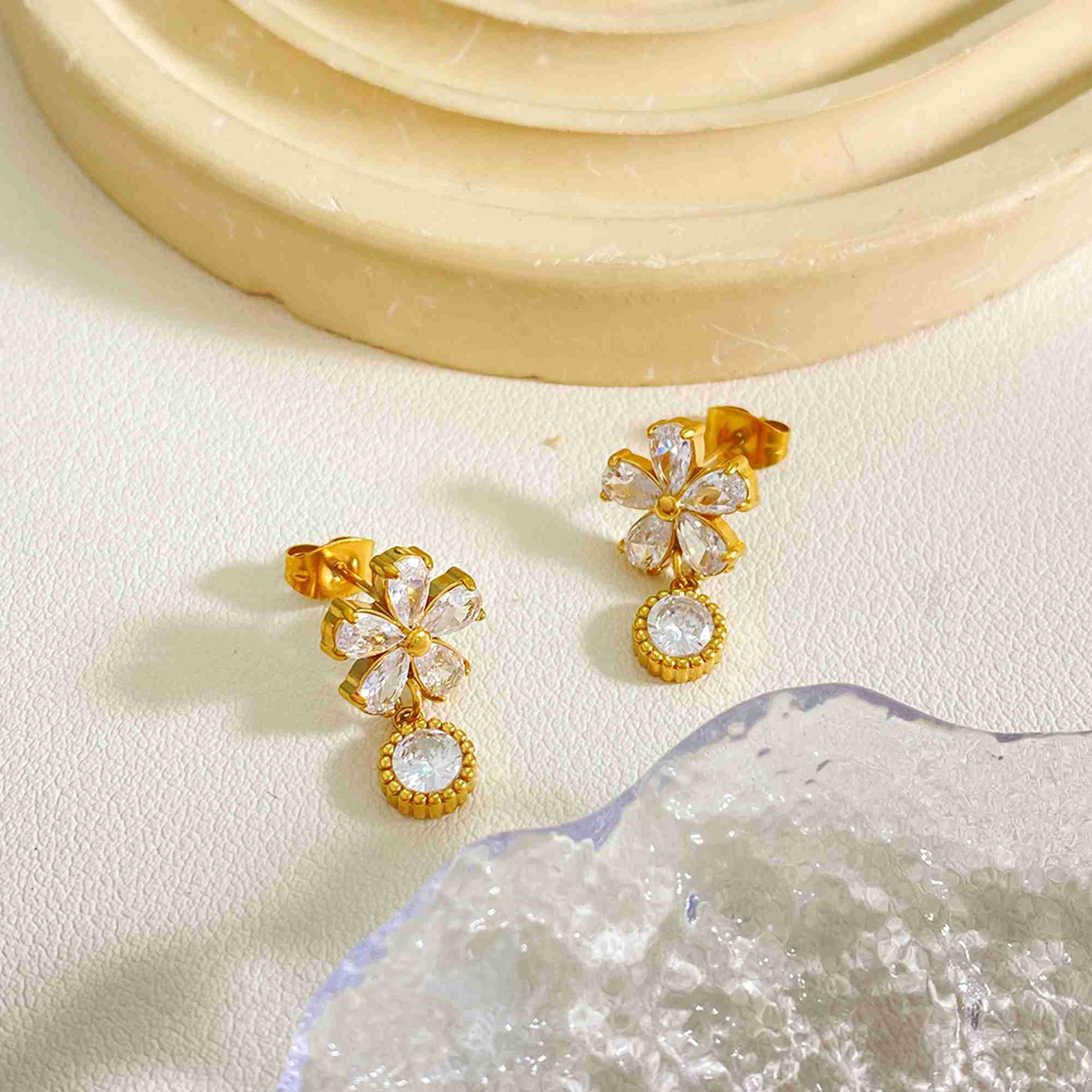 Stainless Steel Gold Flower Drop Earrings CZ 5 Petal Dangle With Round Charm Tarnish Free Waterproof Wholesale - Image 3