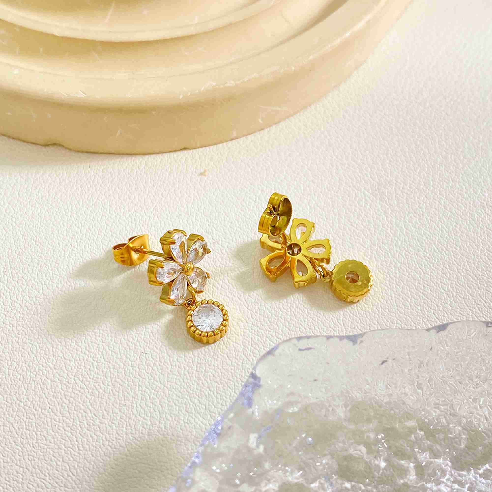 Stainless Steel Gold Flower Drop Earrings CZ 5 Petal Dangle With Round Charm Tarnish Free Waterproof Wholesale - Image 2