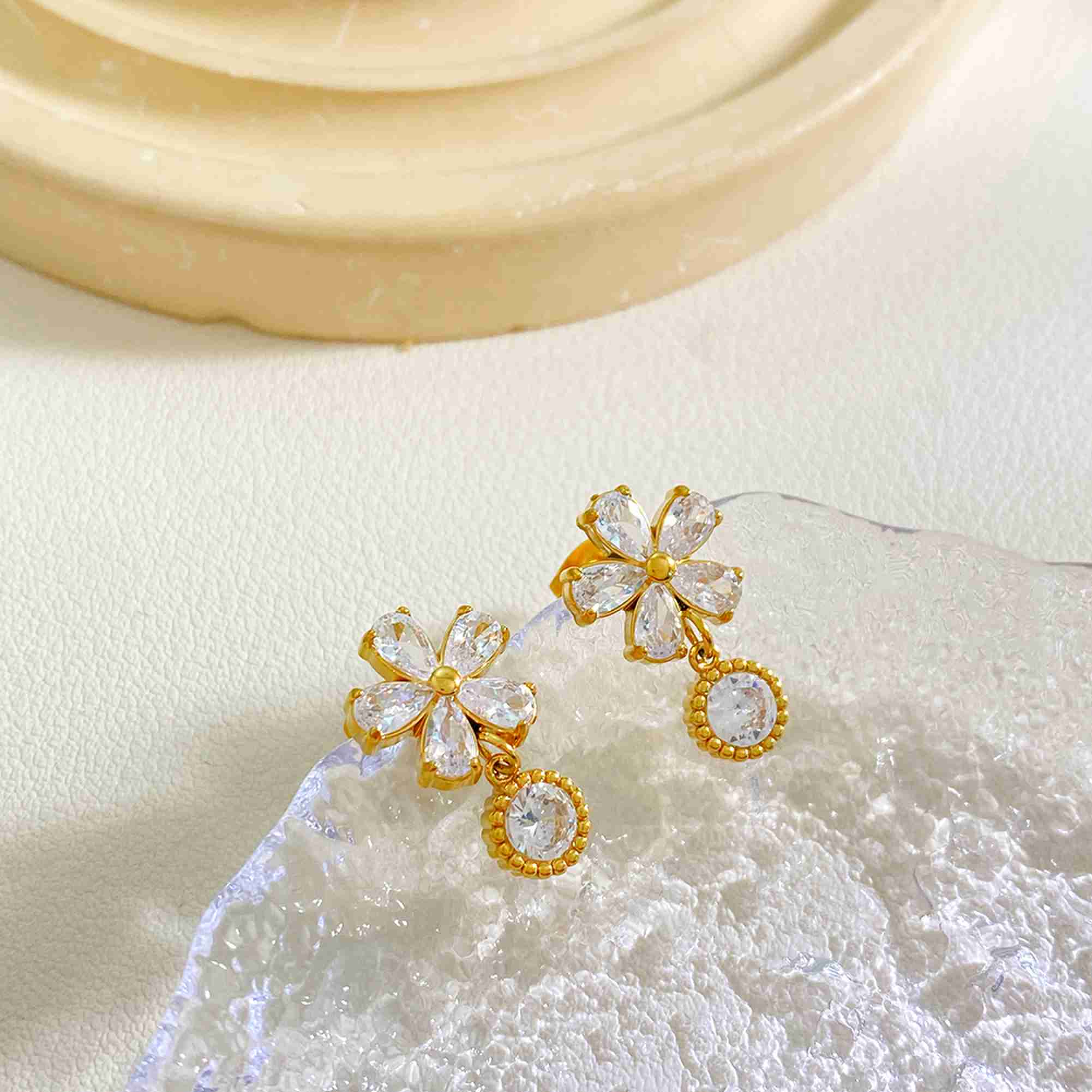 Stainless Steel Gold Flower Drop Earrings CZ 5 Petal Dangle With Round Charm Tarnish Free Waterproof Wholesale