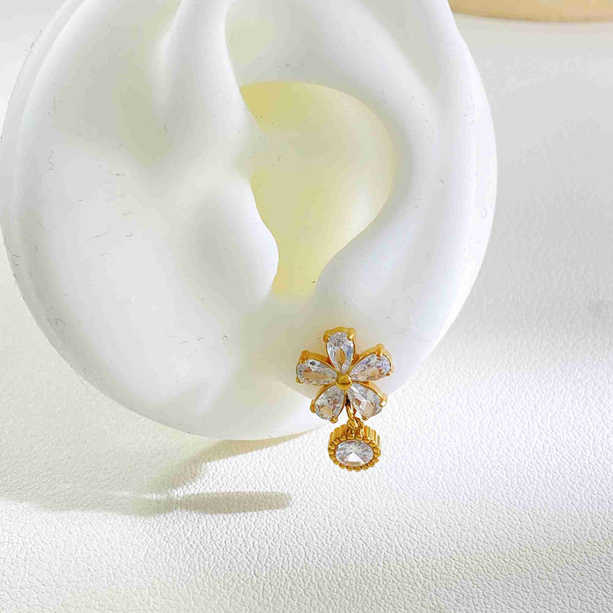 Stainless Steel Gold Flower Drop Earrings CZ 5 Petal Dangle With Round Charm Tarnish Free Waterproof Wholesale - Image 5
