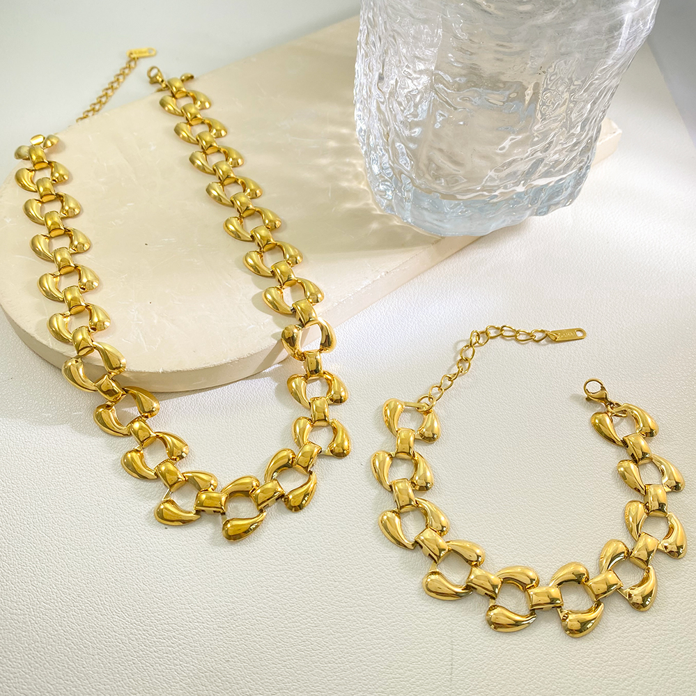 Chunky Interlocking Gold Chain Necklace Bracelet Set Stainless Steel Waterproof Women Statement Jewelry