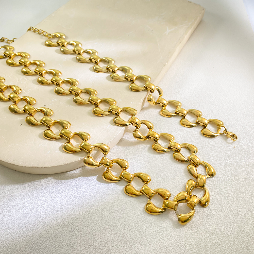 Chunky Interlocking Gold Chain Necklace Bracelet Set Stainless Steel Waterproof Women Statement Jewelry - Image 3