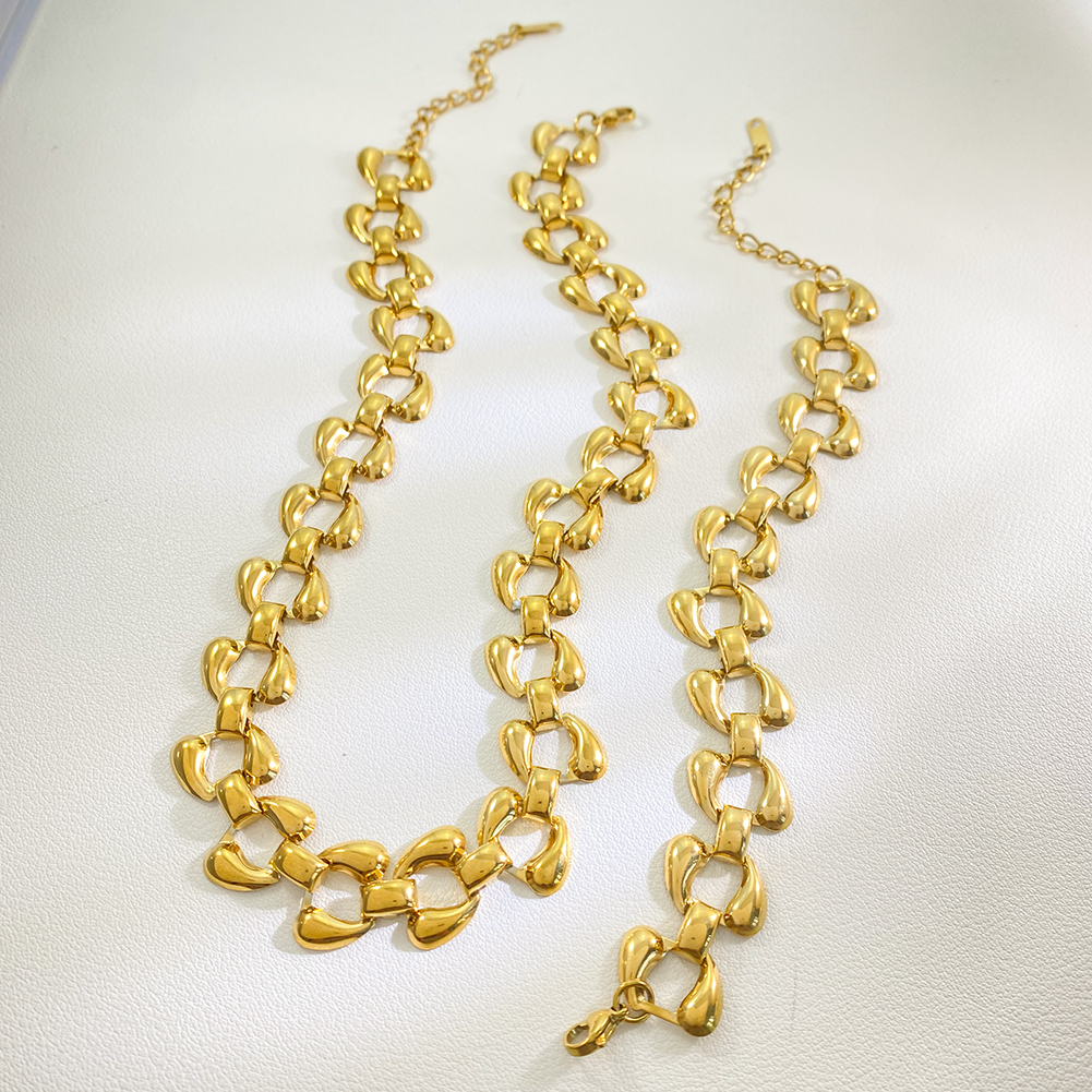 Chunky Interlocking Gold Chain Necklace Bracelet Set Stainless Steel Waterproof Women Statement Jewelry - Image 2