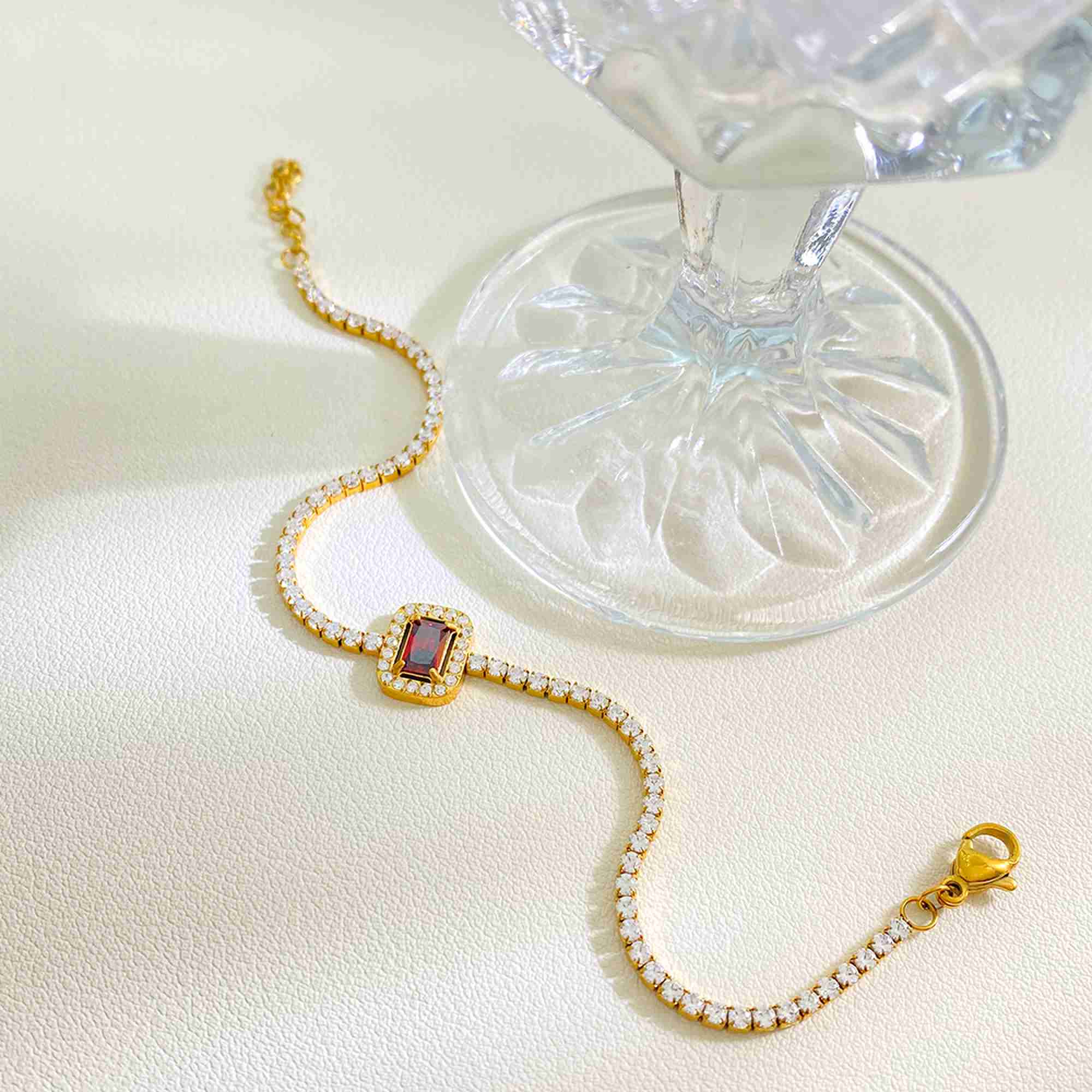 Stainless Steel Tennis Bracelet with Red Emerald Cut Cubic Zircon Gold Plated CZ Halo Link Chain Bracelet for Women - Image 3