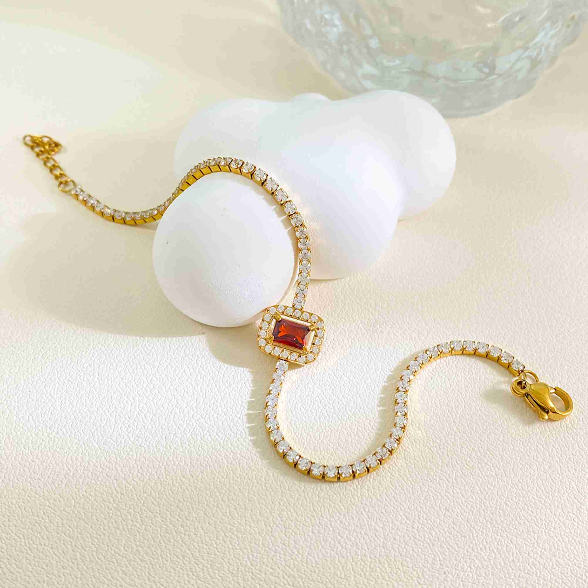 Stainless Steel Tennis Bracelet with Red Emerald Cut Cubic Zircon Gold Plated CZ Halo Link Chain Bracelet for Women - Image 2