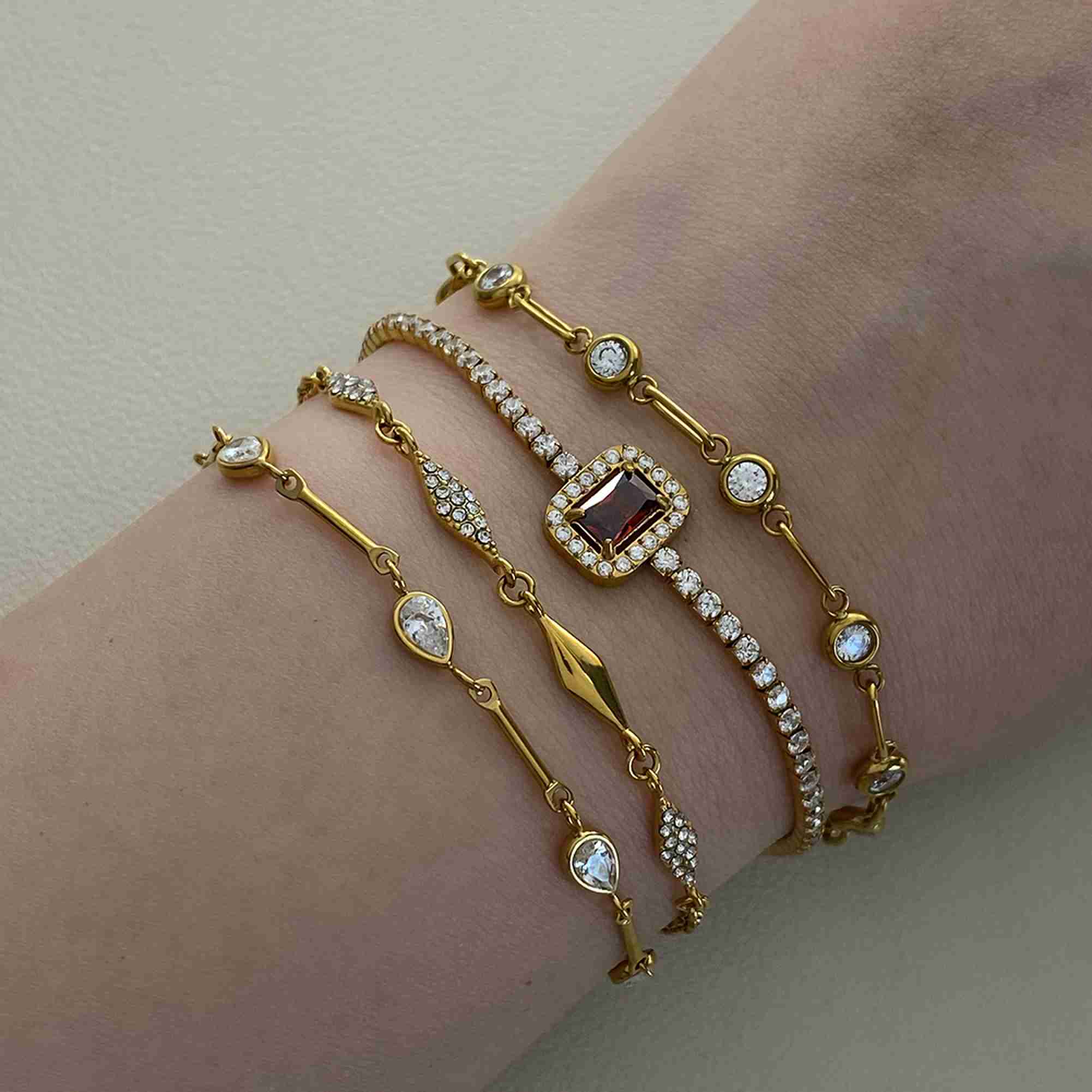 Stainless Steel Tennis Bracelet with Red Emerald Cut Cubic Zircon Gold Plated CZ Halo Link Chain Bracelet for Women - Image 5
