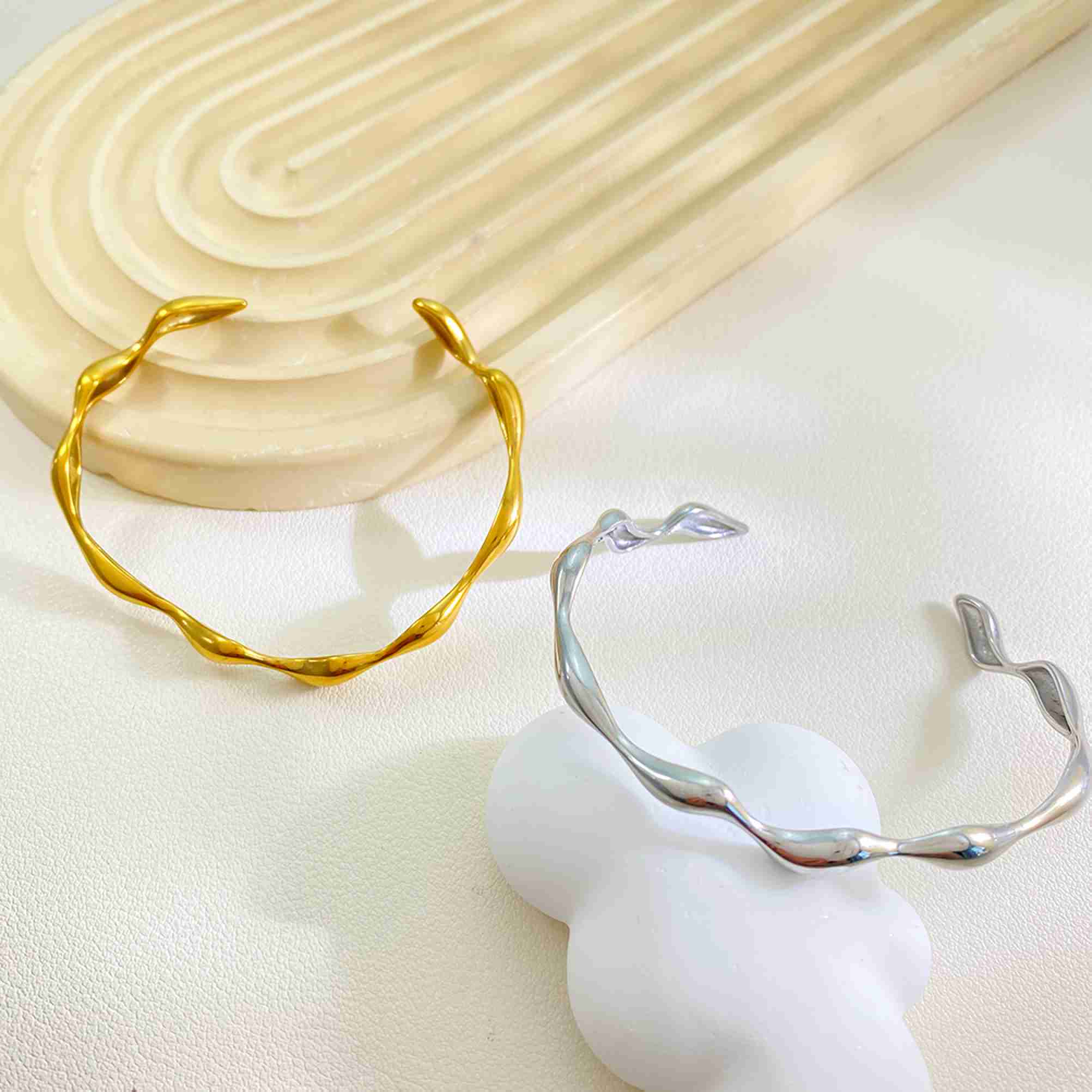 Dainty Gold Stainless Steel Wavy Bangle Irregular Liquid Flow Open Cuff Bracelet for Women Waterproof Fashion Jewelry - Image 3