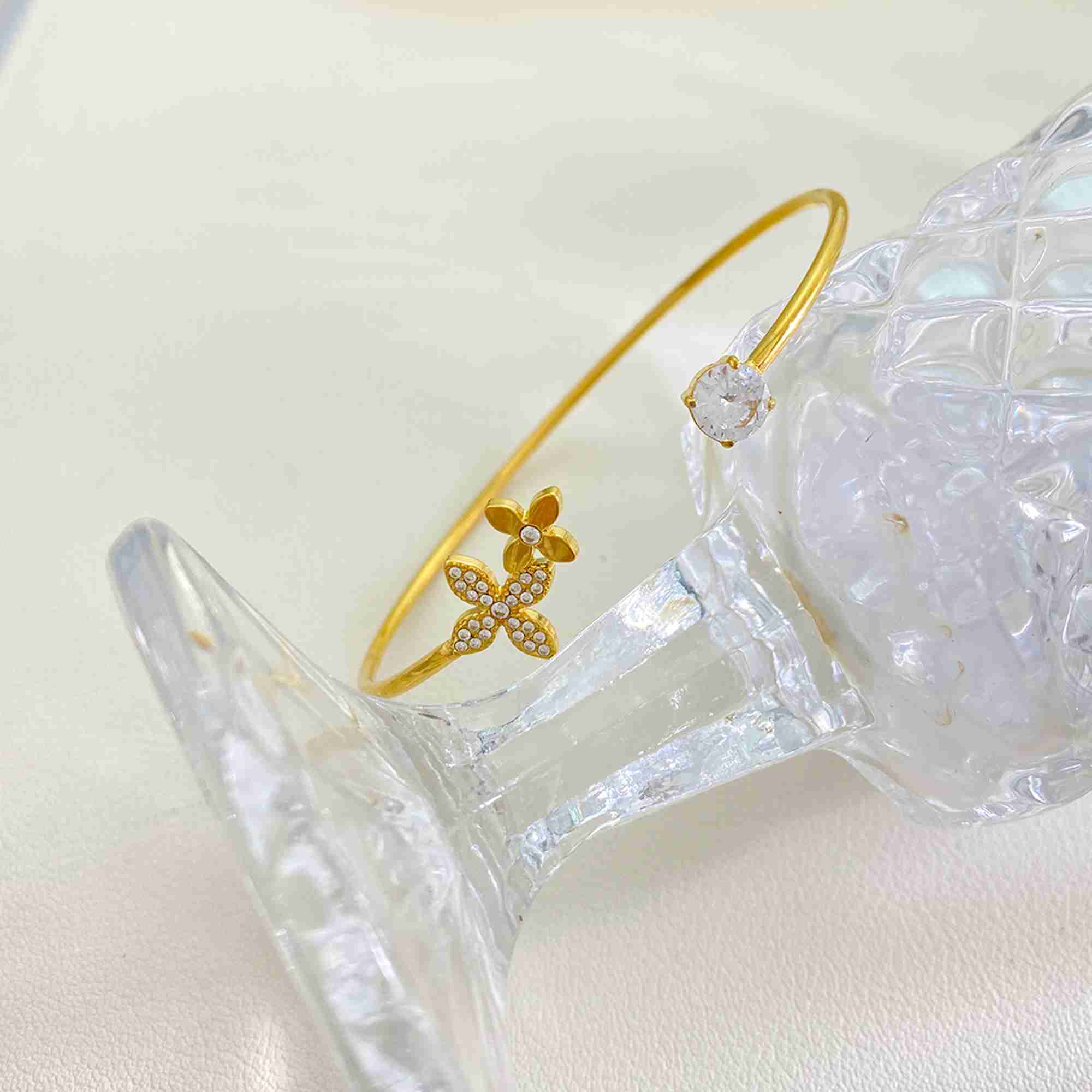 Gold Stainless Steel Flower Cuff Bracelet Adjustable Open Bangle Waterproof Tarnish Free Fashion Jewelry for Women - Image 2