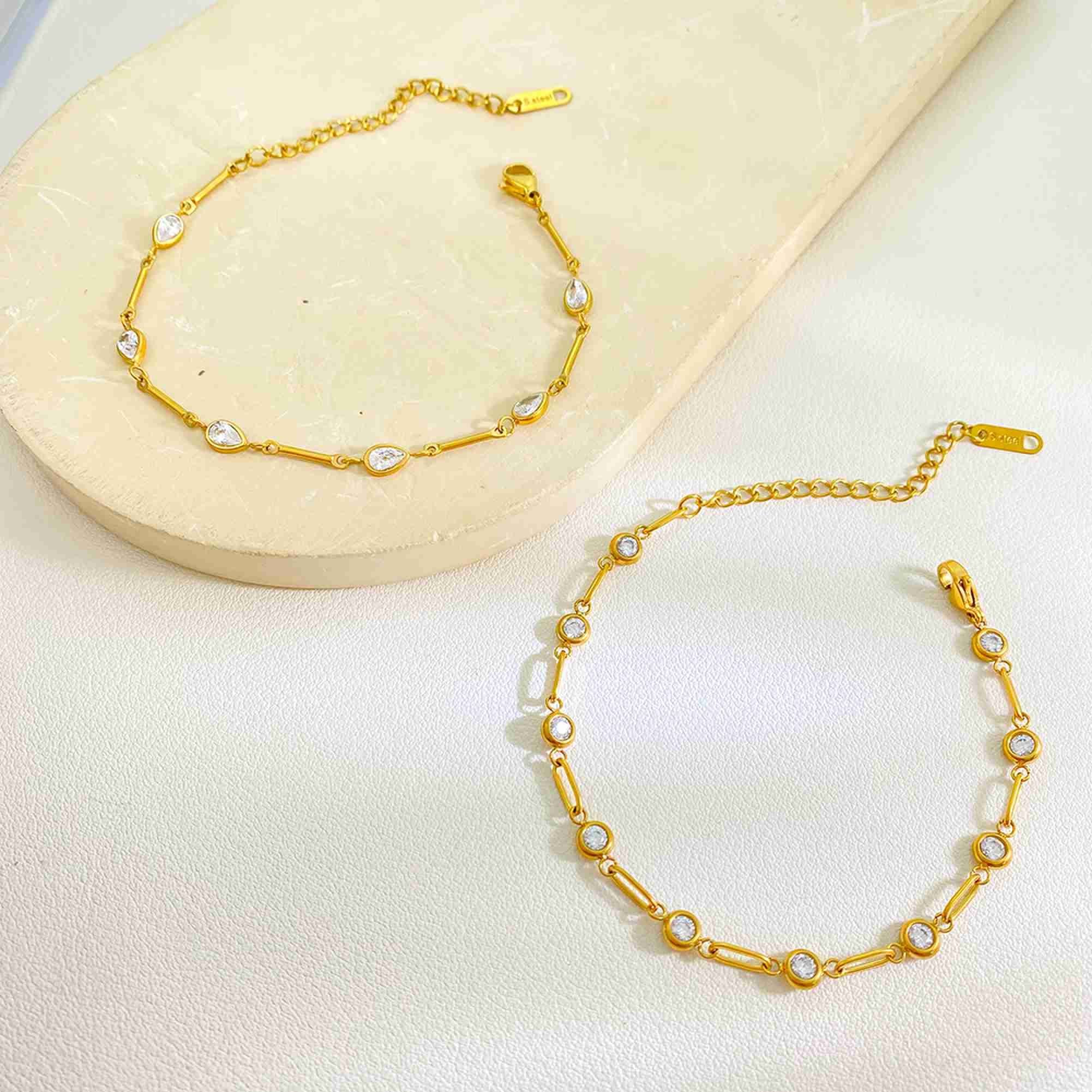 Gold Plated Stainless Steel CZ Bracelet Teardrop Round Cubic Zirconia Link Chain Bracelet for Women Hypoallergenic Wholesale - Image 2