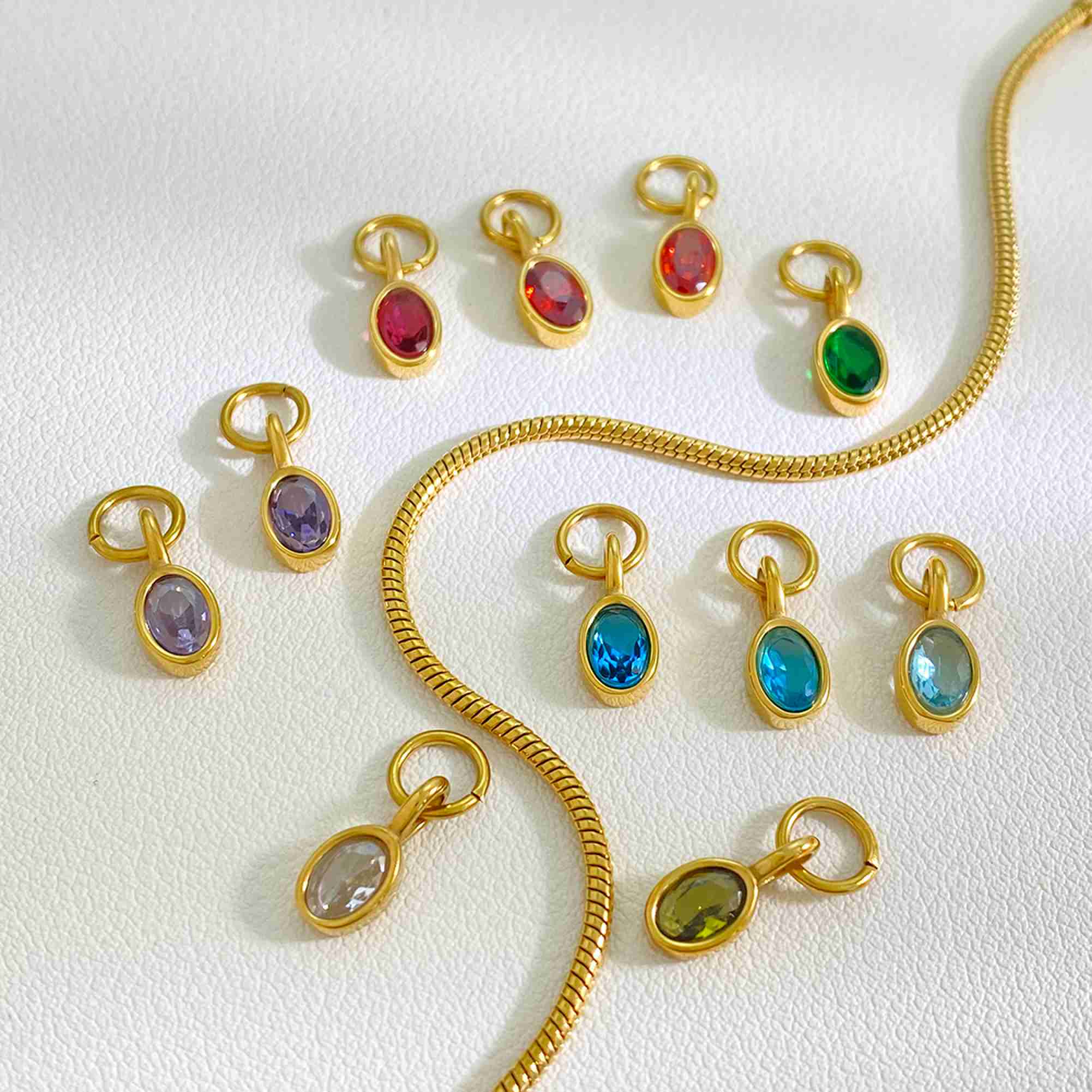 Oval Zircon Charms Colorful Gemstone Pendants for DIY Jewelry Gold-plated Stainless Steel Charms Wholesale - Image 2