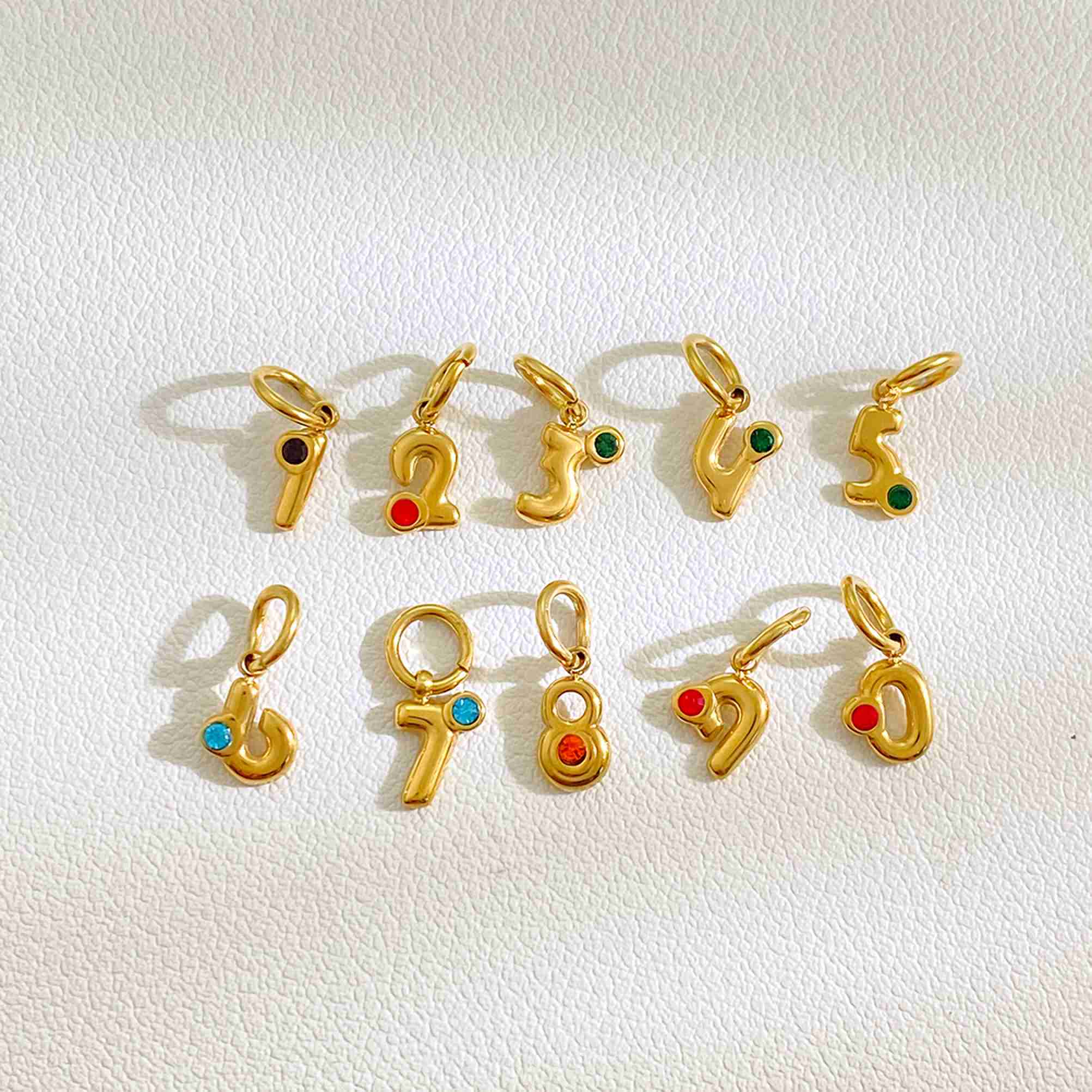 Number 0-9 Colorful CZ Digit Pendants for DIY Jewelry Gold Plated Stainless Steel Charms Wholesale