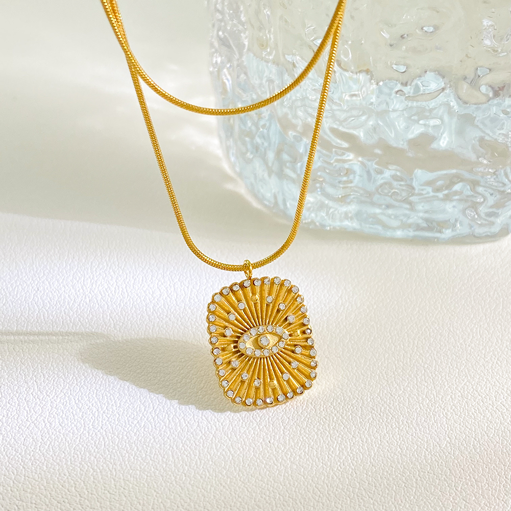 Stainless Steel Gold Evil Eye Snake Chain Necklace Sunburst CZ Pendant Tarnish Free Waterproof Wholesale