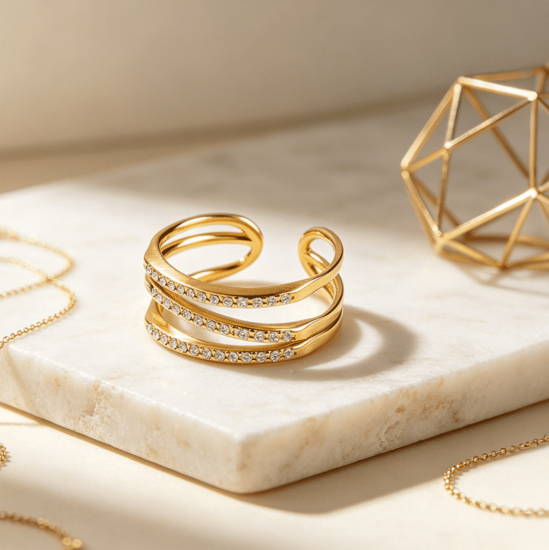 Stainless Steel Gold Triple Coil Adjustable Ring Spiral Open Ring With CZ Tarnish Free Waterproof Wholesale
