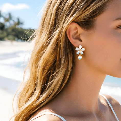 Stainless Steel Gold Flower Drop Earrings CZ 5 Petal Dangle With Round Charm Tarnish Free Waterproof Wholesale - Image 6