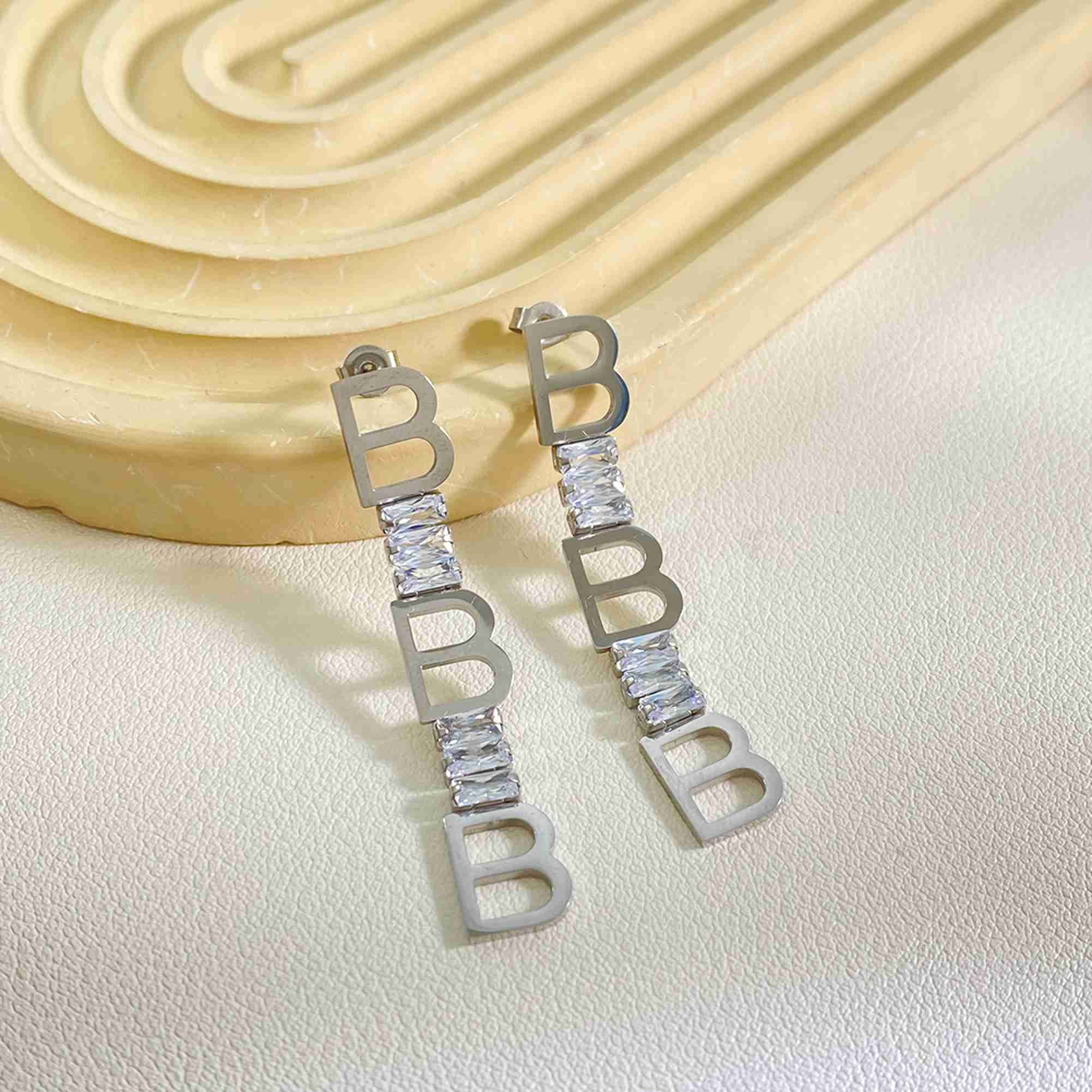 Stainless Steel B Letter Drop Earrings CZ Long Dangle Earrings Tarnish Free Waterproof Wholesale - Image 2