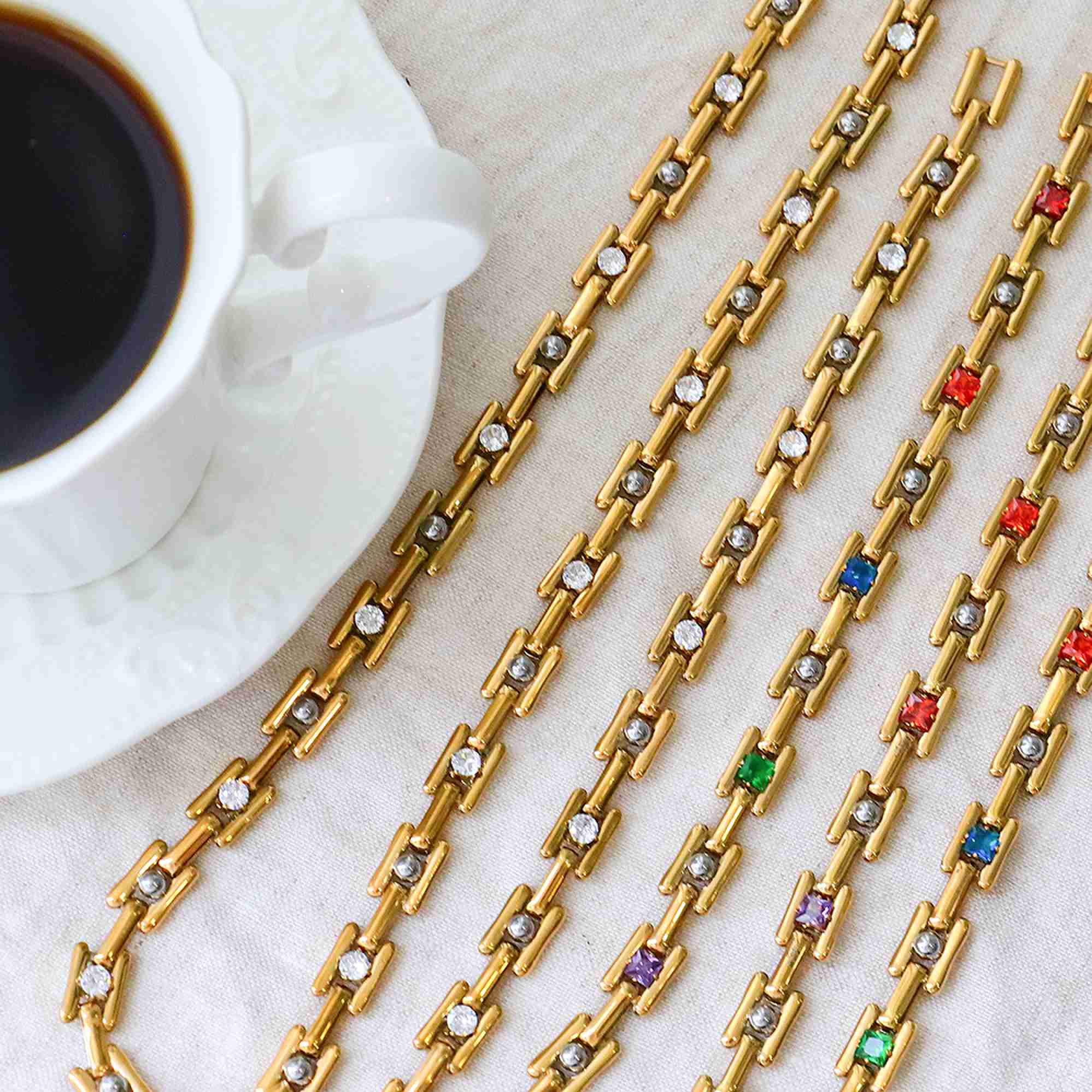 Gold Plated Stainless Steel H Link Chain Jewelry Colorful Zircon Block Chain Necklace Bracelet Set Hypoallergenic Wholesale - Image 2