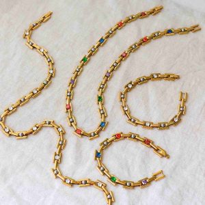 Gold Plated Stainless Steel H Link Chain Jewelry Colorful Zircon Block Chain Necklace Bracelet Set Hypoallergenic Wholesale