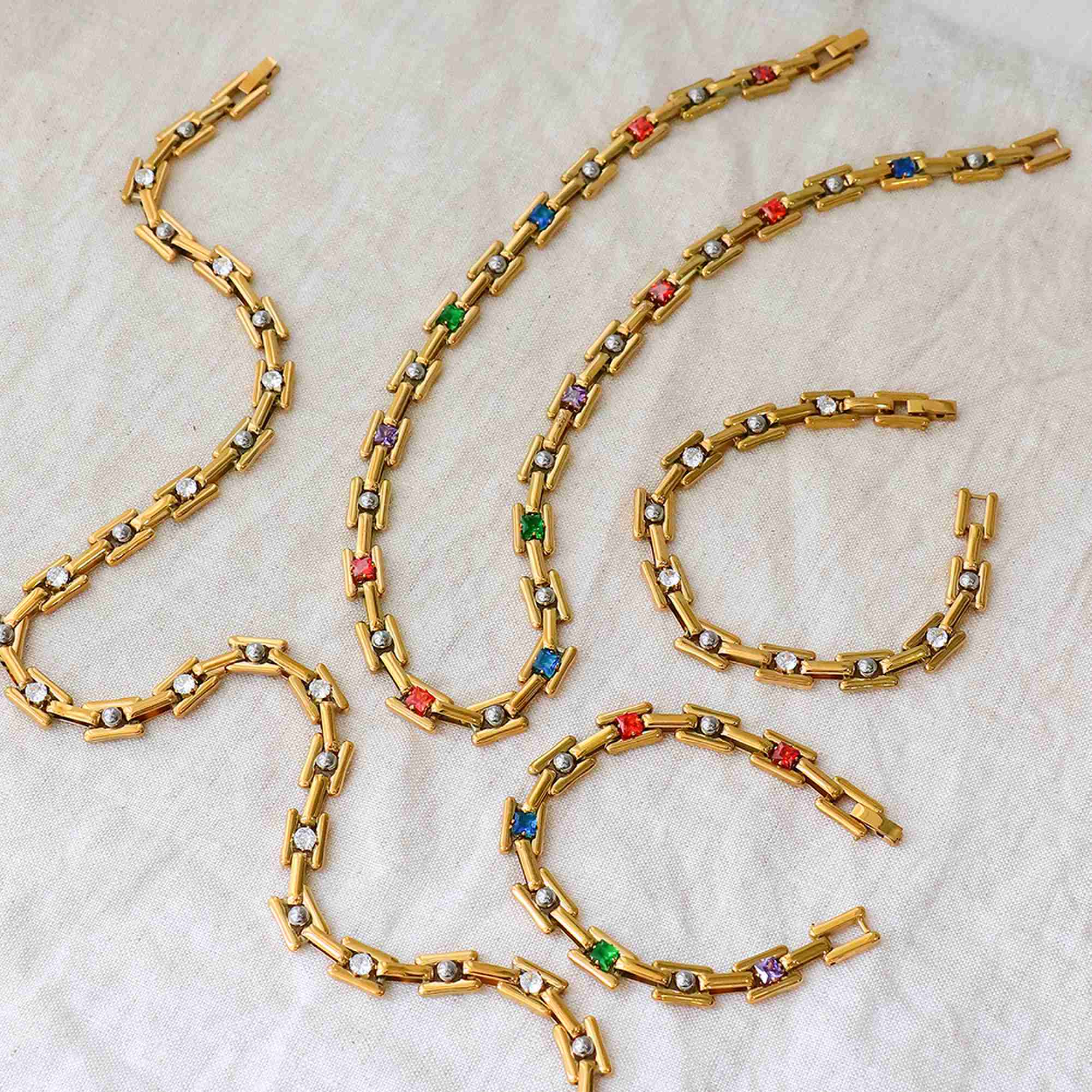 Gold Plated Stainless Steel H Link Chain Jewelry Colorful Zircon Block Chain Necklace Bracelet Set Hypoallergenic Wholesale