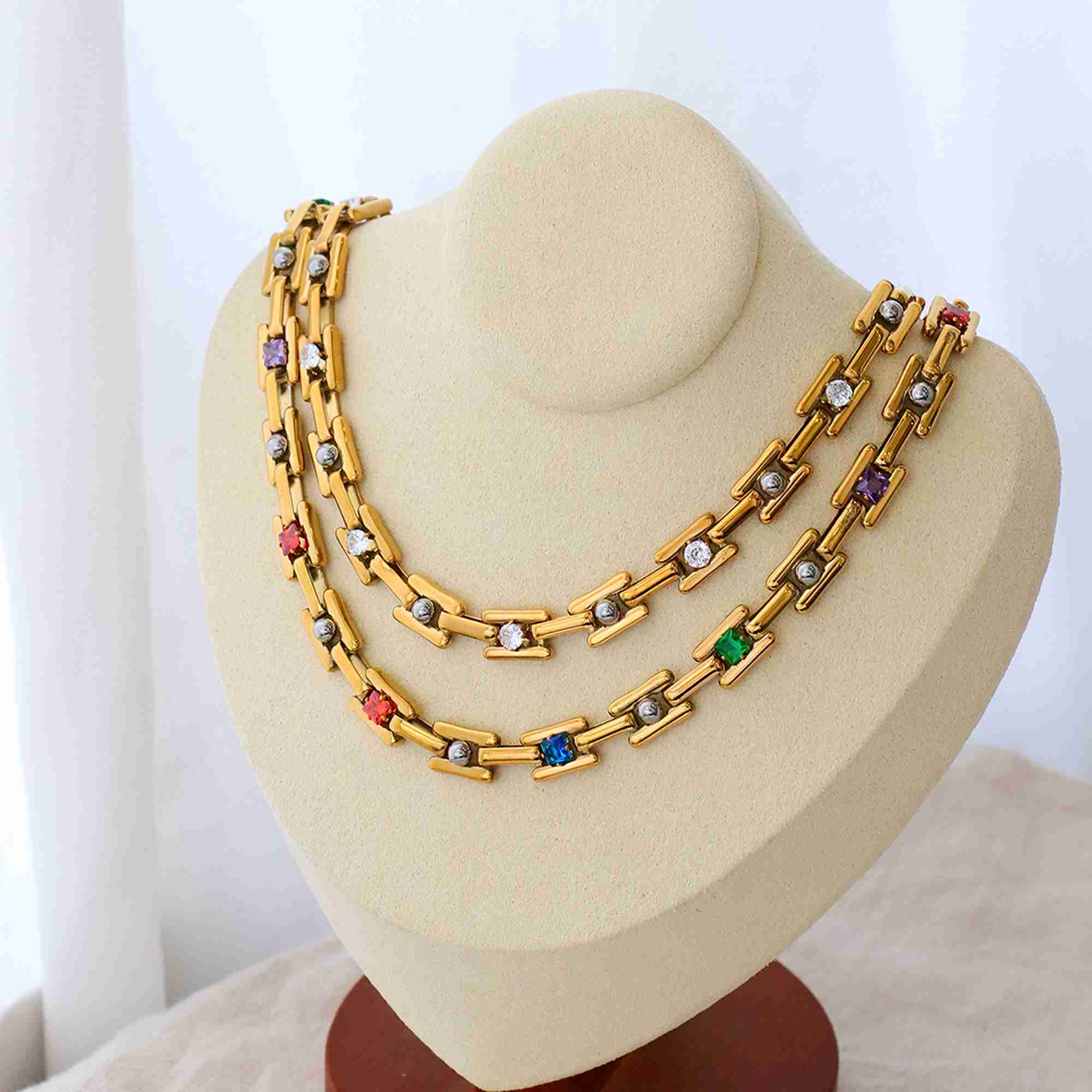 Gold Plated Stainless Steel H Link Chain Jewelry Colorful Zircon Block Chain Necklace Bracelet Set Hypoallergenic Wholesale - Image 3
