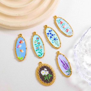 Flower Design Pendant Charm 18K Gold Plated Colorful Floral Oval Charm Jewelry Accessory Stainless Steel Charms Wholesale