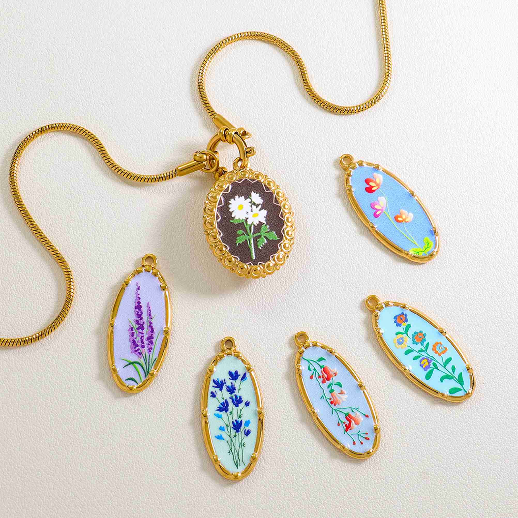 Flower Design Pendant Charm 18K Gold Plated Colorful Floral Oval Charm Jewelry Accessory Stainless Steel Charms Wholesale - Image 3