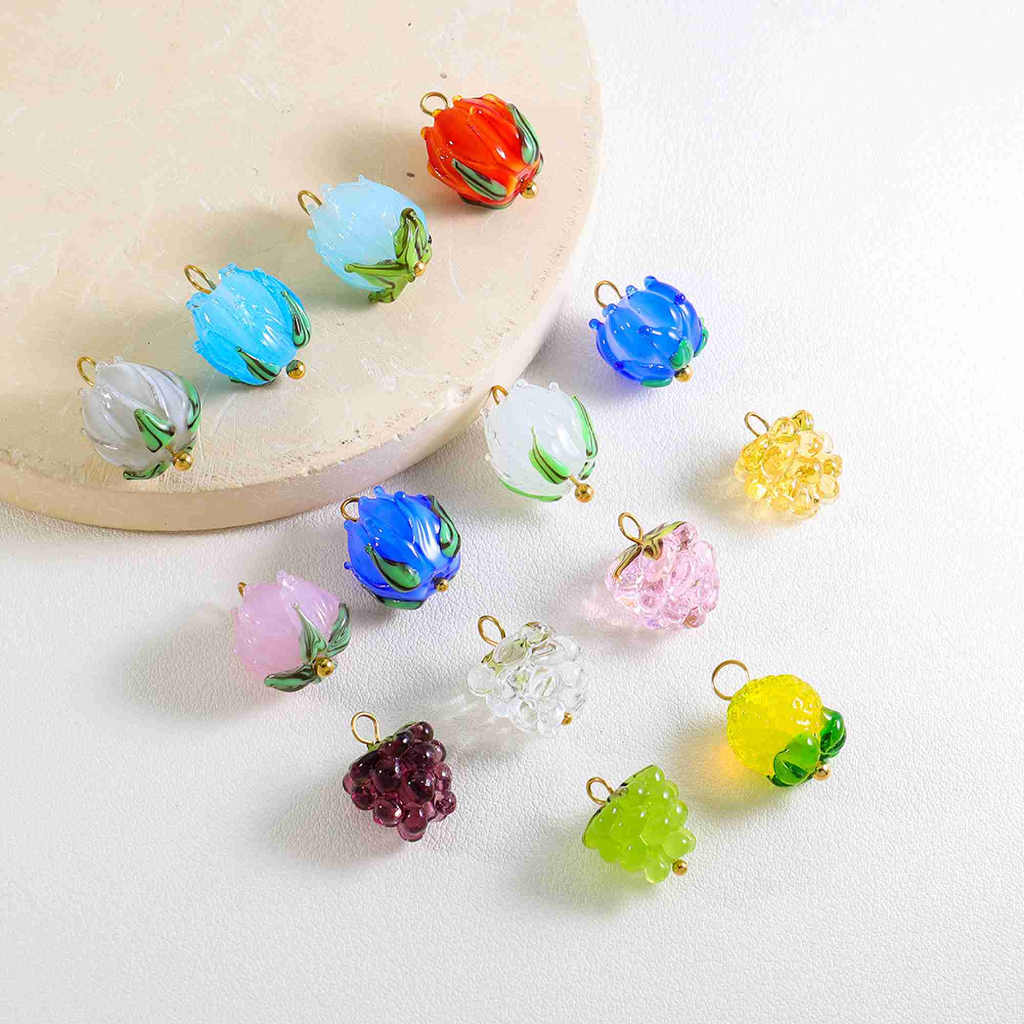Lotus Bud Berry Charm Pendant Set Glass Resin Gold Tone Fruit Flower Shapes Jewelry Making Accessory - Image 3