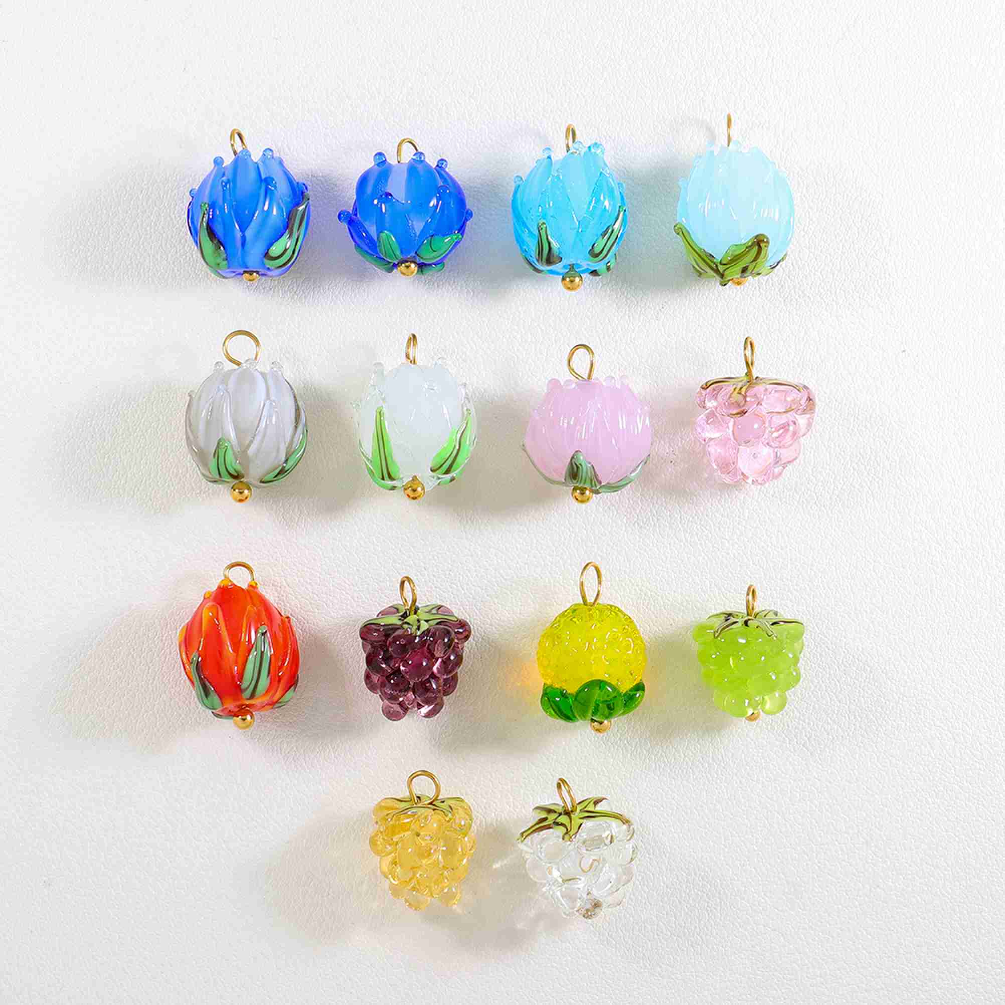 Lotus Bud Berry Charm Pendant Set Glass Resin Gold Tone Fruit Flower Shapes Jewelry Making Accessory