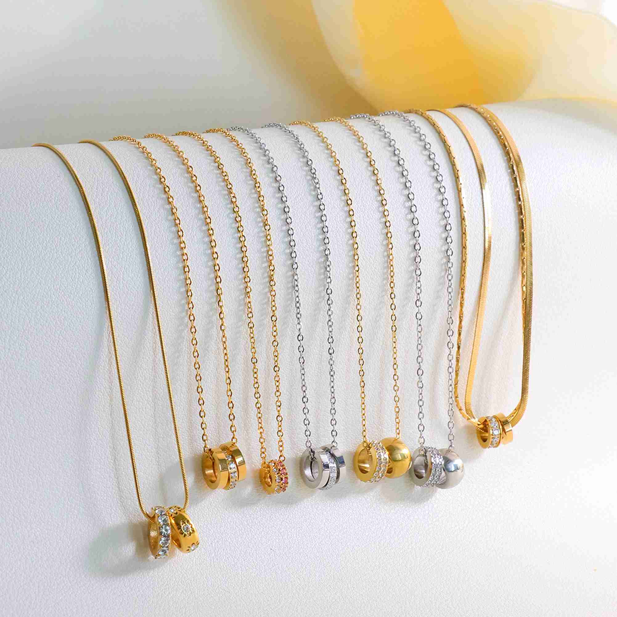 Minimalist Double Ring Pendant With CZ Accent Waterproof Tarnish Free Stainless Steel Cylinder Charm Necklace Wholesale