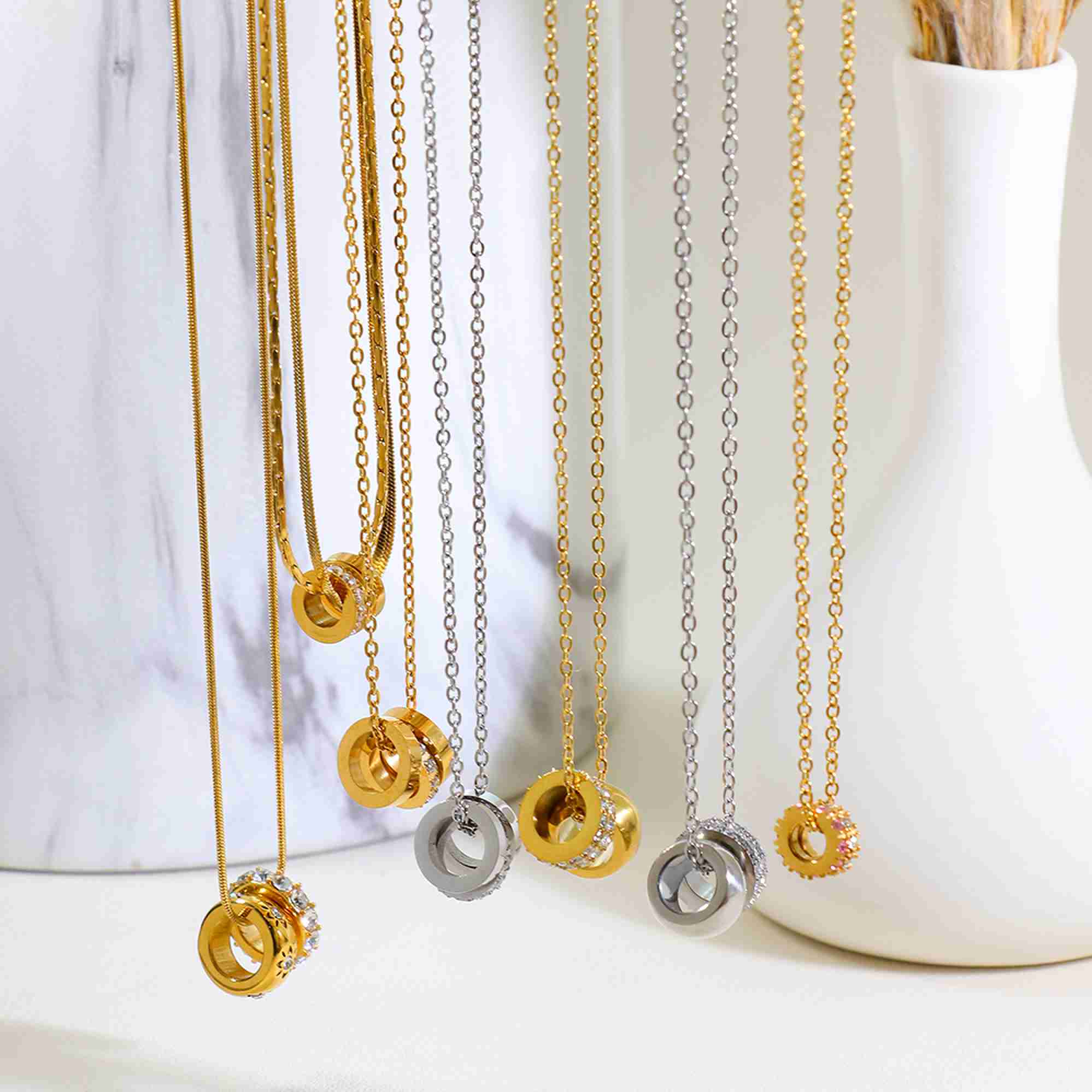 Minimalist Double Ring Pendant With CZ Accent Waterproof Tarnish Free Stainless Steel Cylinder Charm Necklace Wholesale - Image 3