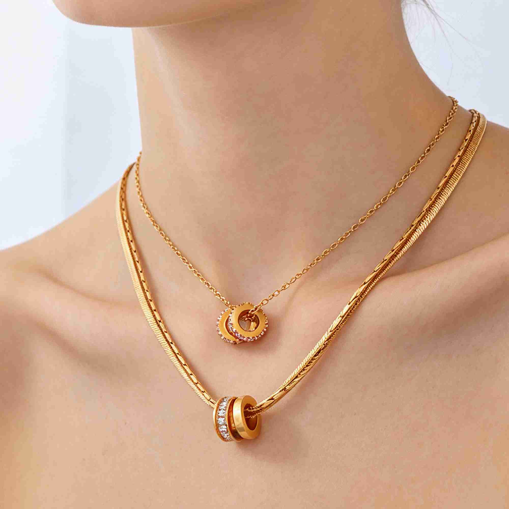 Minimalist Double Ring Pendant With CZ Accent Waterproof Tarnish Free Stainless Steel Cylinder Charm Necklace Wholesale - Image 4