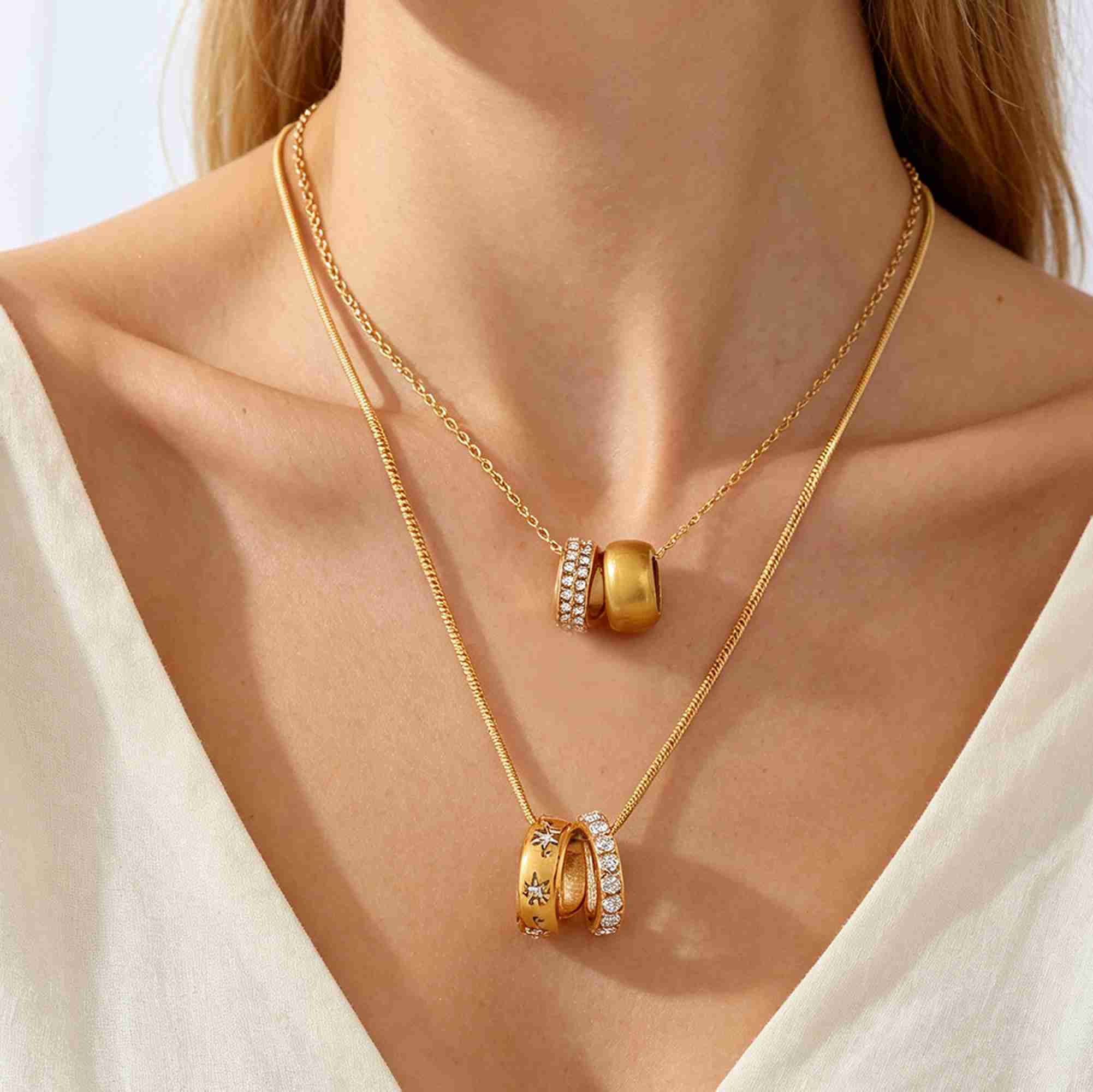 Minimalist Double Ring Pendant With CZ Accent Waterproof Tarnish Free Stainless Steel Cylinder Charm Necklace Wholesale - Image 5