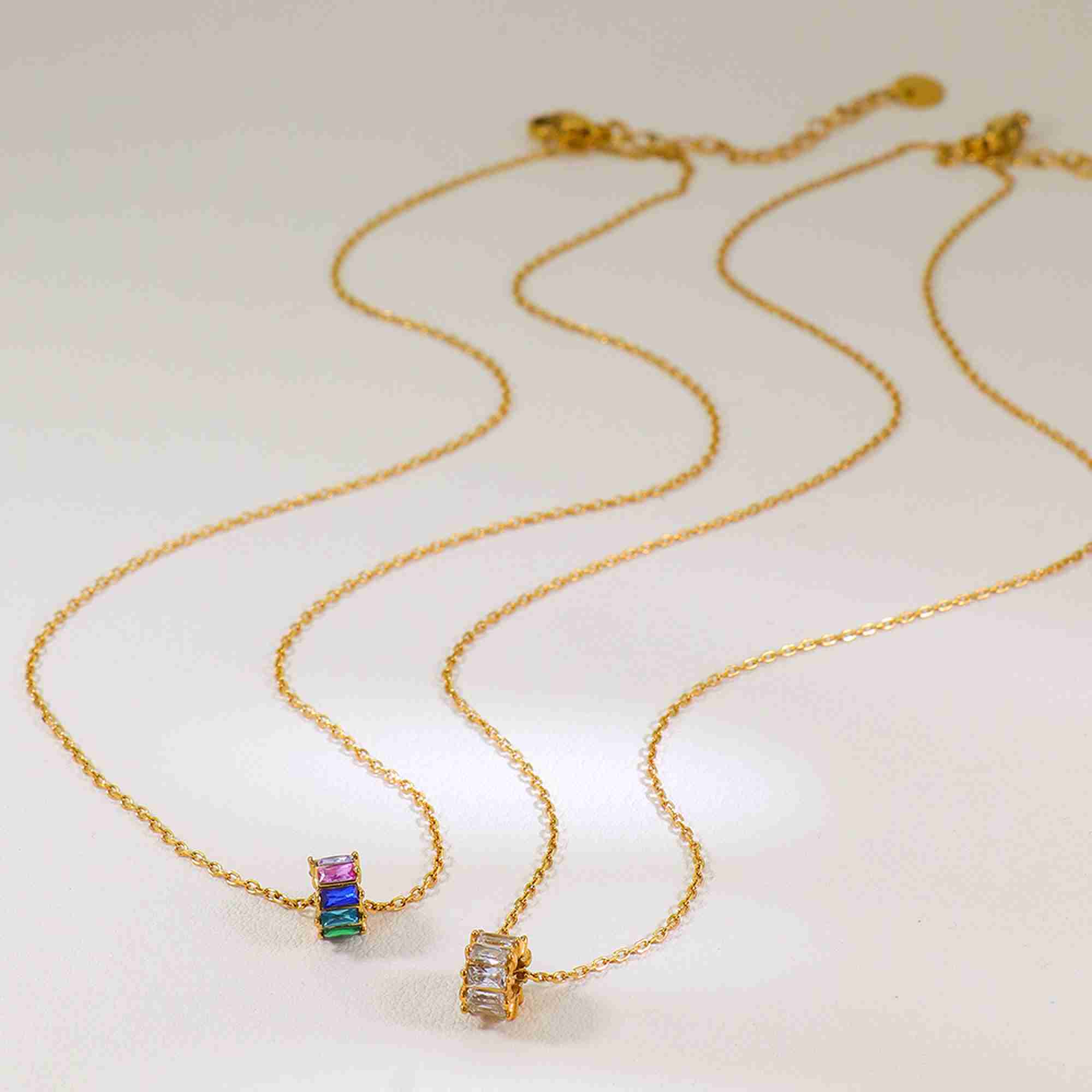 Barrel Shape Baguette Pendant Necklace 18K Gold Plated Stainless Steel Clear Stones Cylinder Drop Chain Jewelry for Women - Image 3