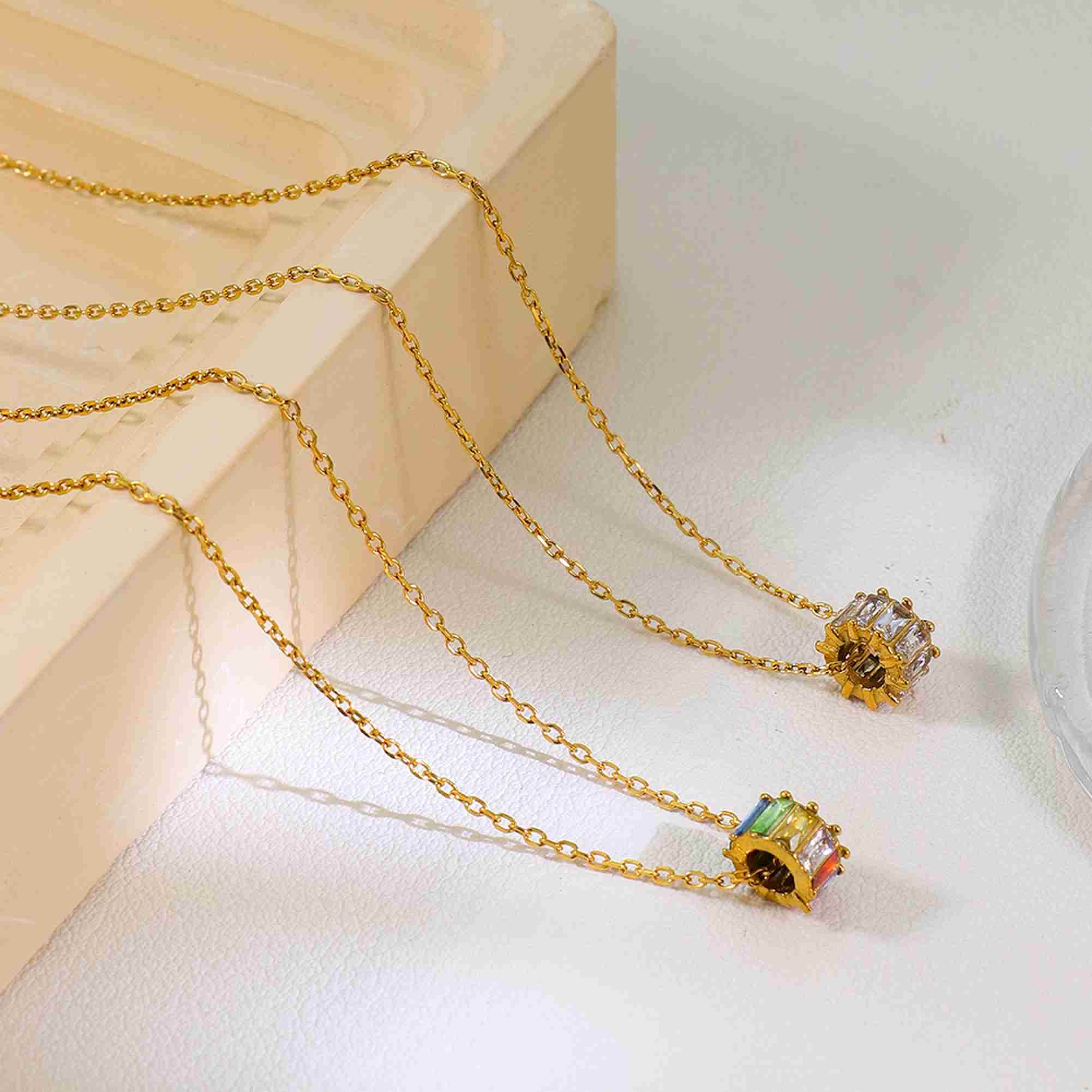 Barrel Shape Baguette Pendant Necklace 18K Gold Plated Stainless Steel Clear Stones Cylinder Drop Chain Jewelry for Women - Image 2