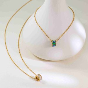 Barrel Shape Baguette Pendant Necklace 18K Gold Plated Stainless Steel Clear Stones Cylinder Drop Chain Jewelry for Women