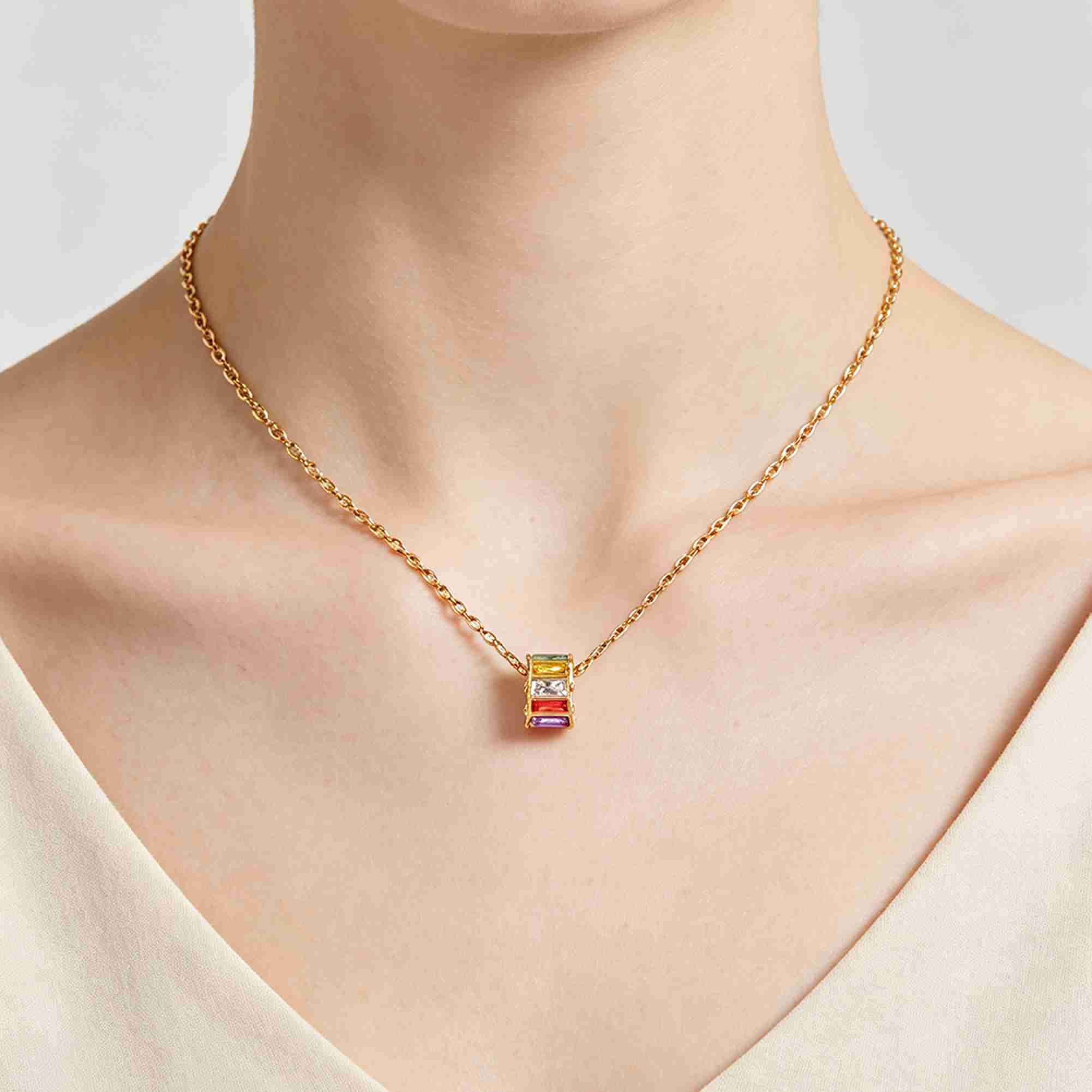 Barrel Shape Baguette Pendant Necklace 18K Gold Plated Stainless Steel Clear Stones Cylinder Drop Chain Jewelry for Women - Image 4