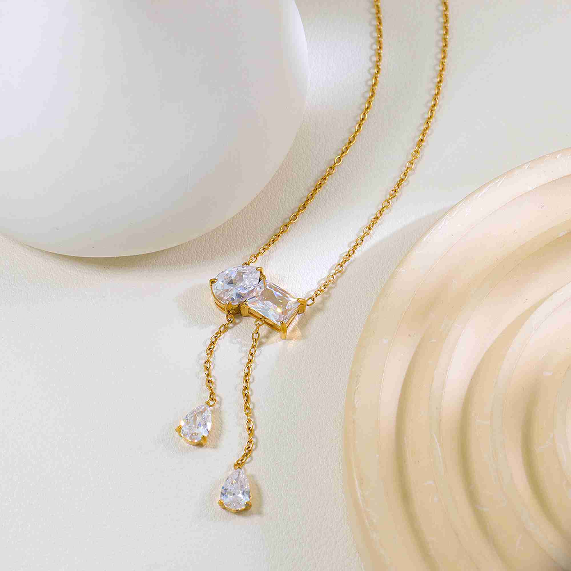 18K Gold Plated Stainless Steel Pendant Necklace Pear Cut Clear Gemstone Drop Dangle Y Shape Chain Jewelry for Women - Image 3