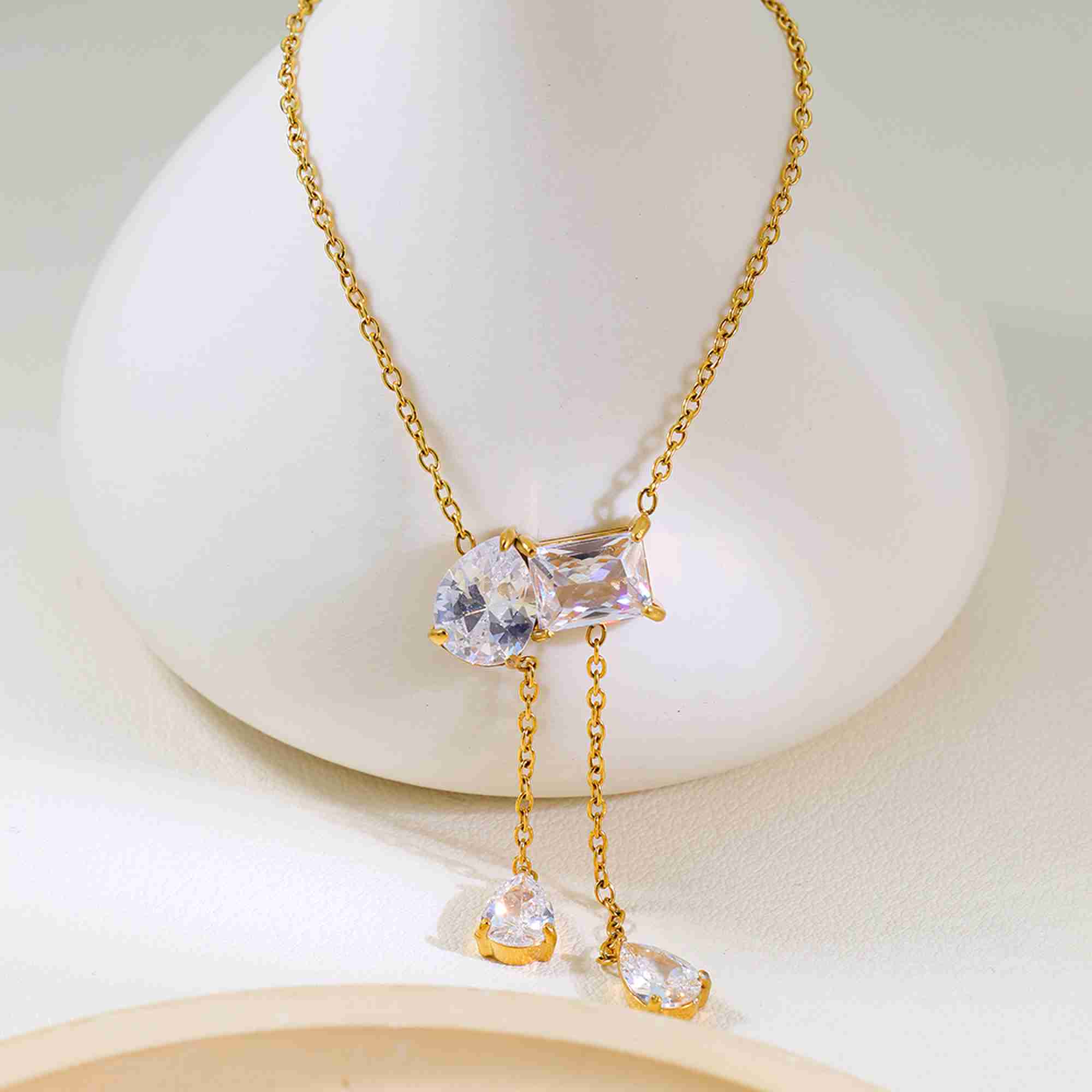 18K Gold Plated Stainless Steel Pendant Necklace Pear Cut Clear Gemstone Drop Dangle Y Shape Chain Jewelry for Women - Image 2