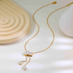 18K Gold Plated Stainless Steel Pendant Necklace Pear Cut Clear Gemstone Drop Dangle Y Shape Chain Jewelry for Women