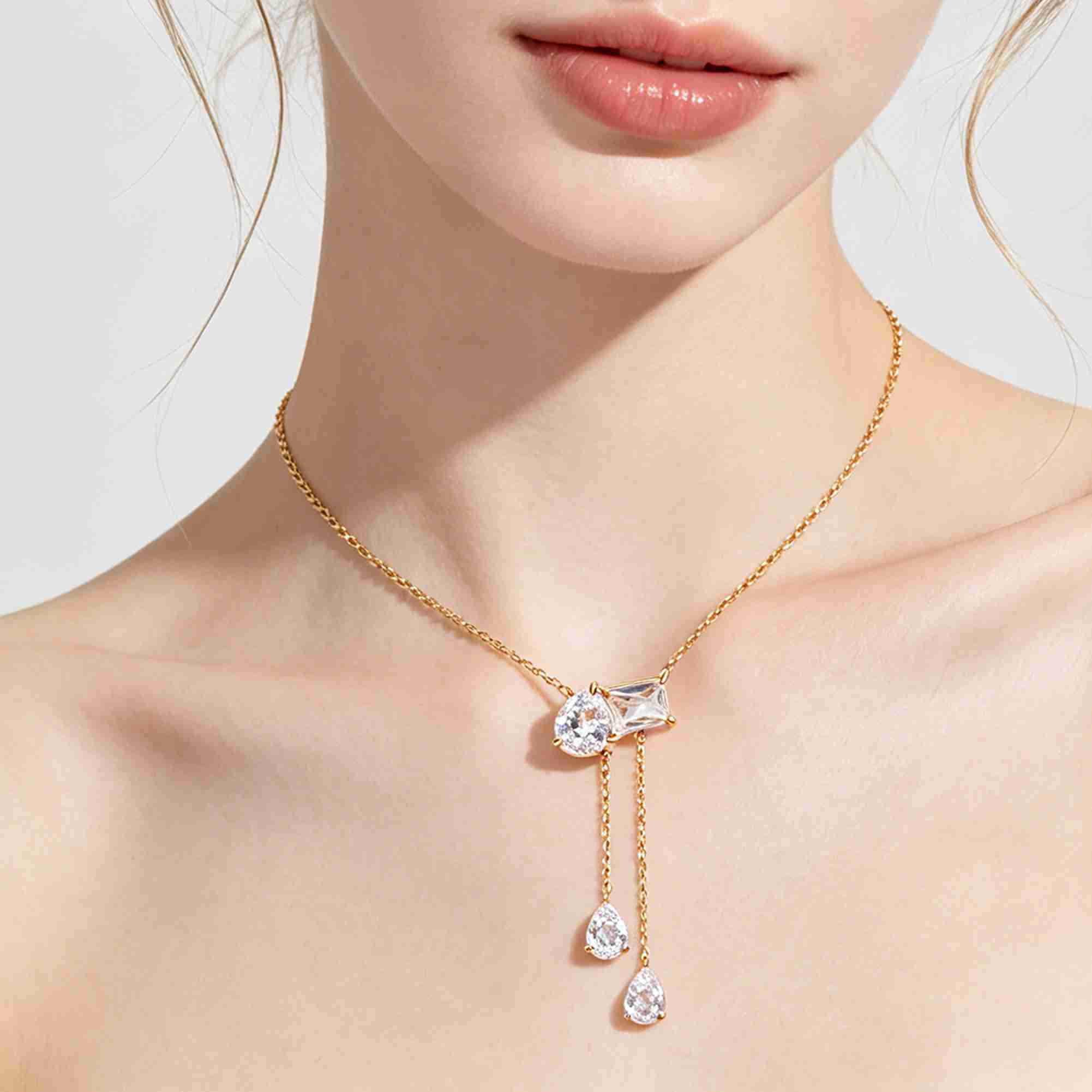 18K Gold Plated Stainless Steel Pendant Necklace Pear Cut Clear Gemstone Drop Dangle Y Shape Chain Jewelry for Women - Image 4