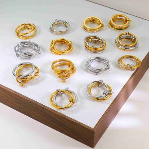 Gold Silver Tone Stainless Steel Multi Band Ring Set Interlocking Stacked Rings Clear Gemstone Jewelry for Women