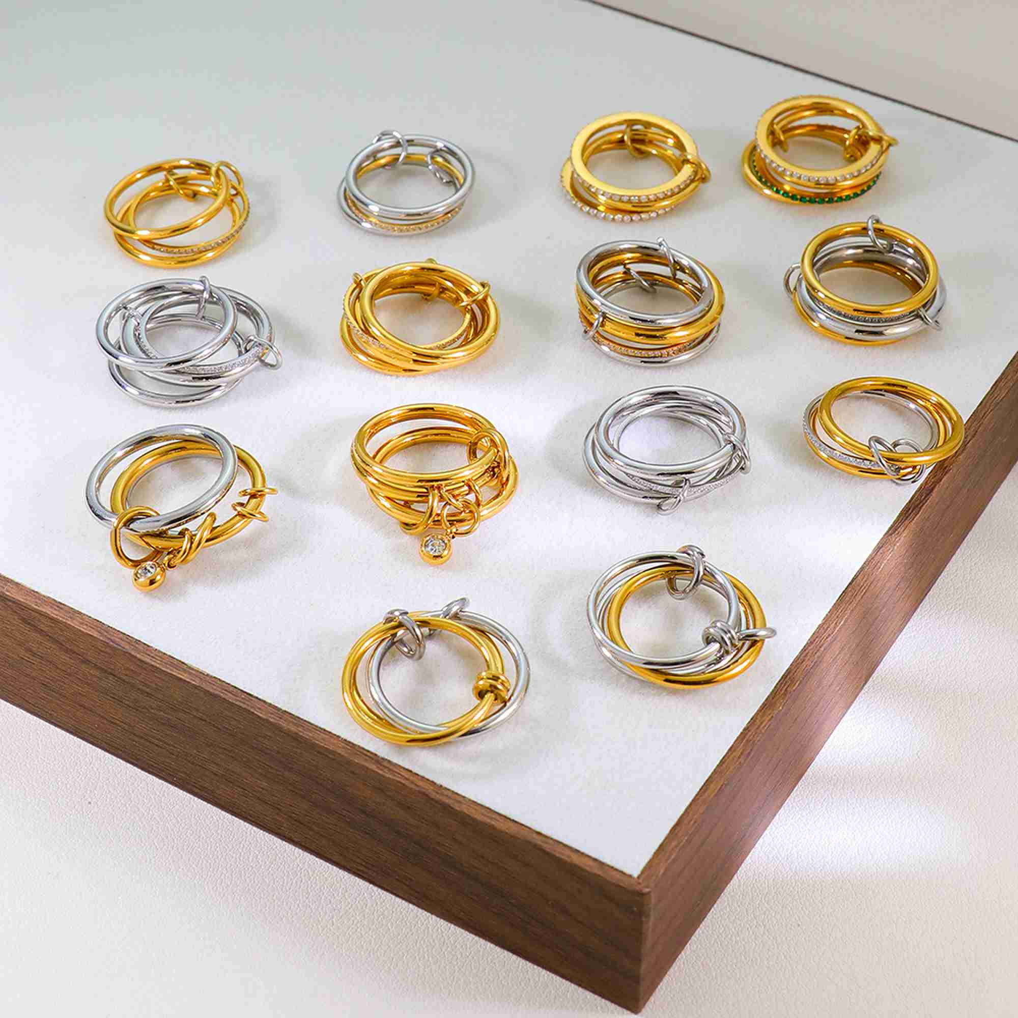 Gold Silver Tone Stainless Steel Multi Band Ring Set Interlocking Stacked Rings Clear Gemstone Jewelry for Women